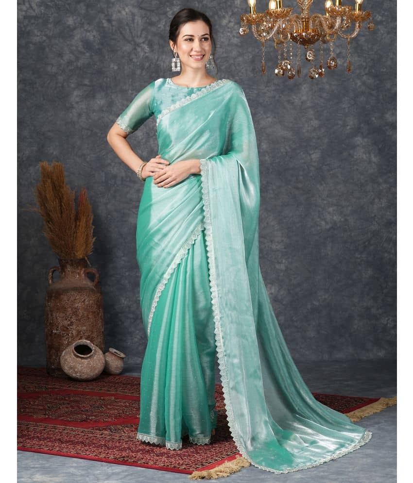 Samah Chiffon Embellished Saree With Unstitched Blouse Piece ( Turquoise ) - Sarees | Buy online on ZillyBuy