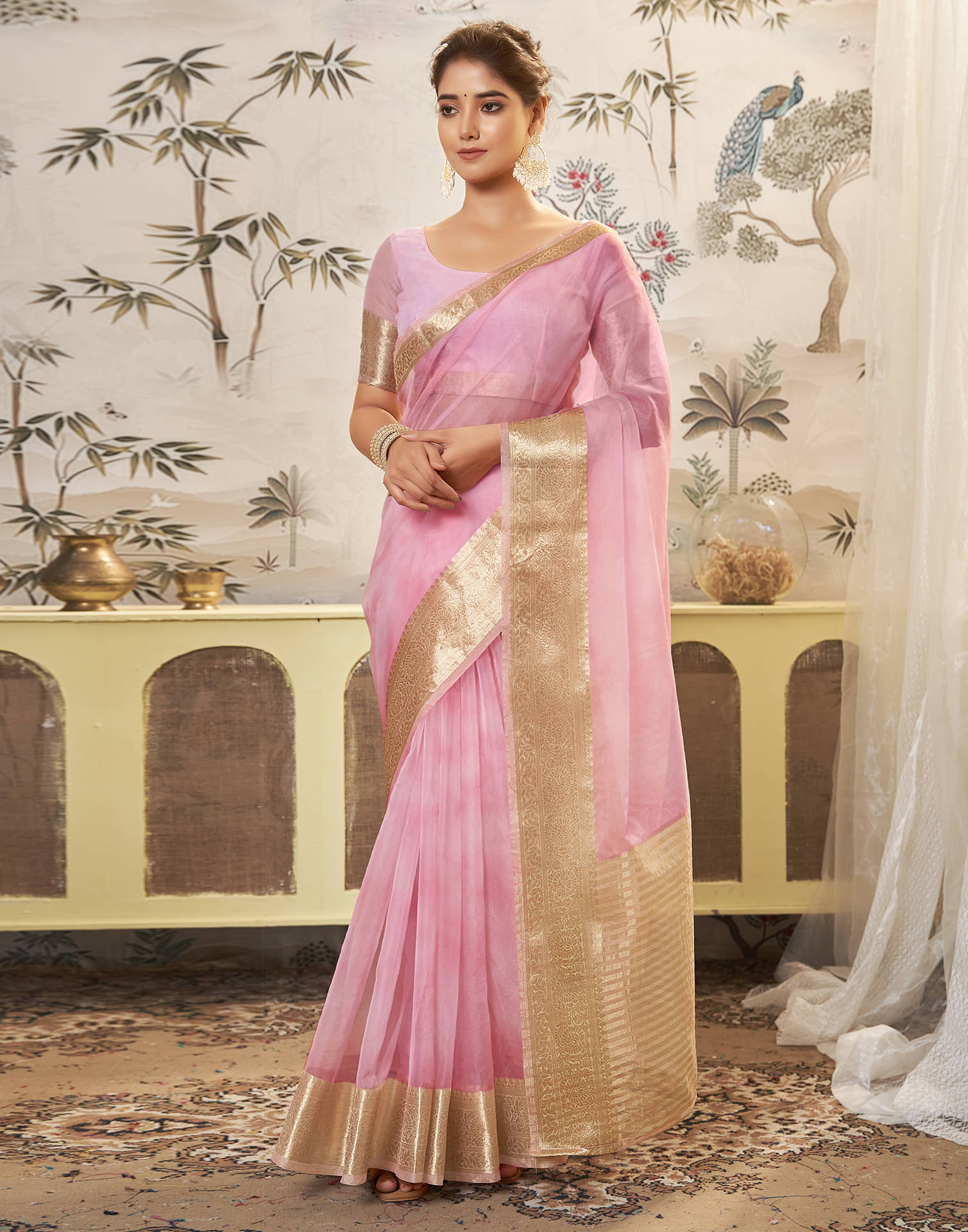 Samah Organza Embellished Saree With Unstitched Blouse Piece ( Pink ) Samah Organza Embellished Saree With Unstitched Blouse Piece ( Pink )