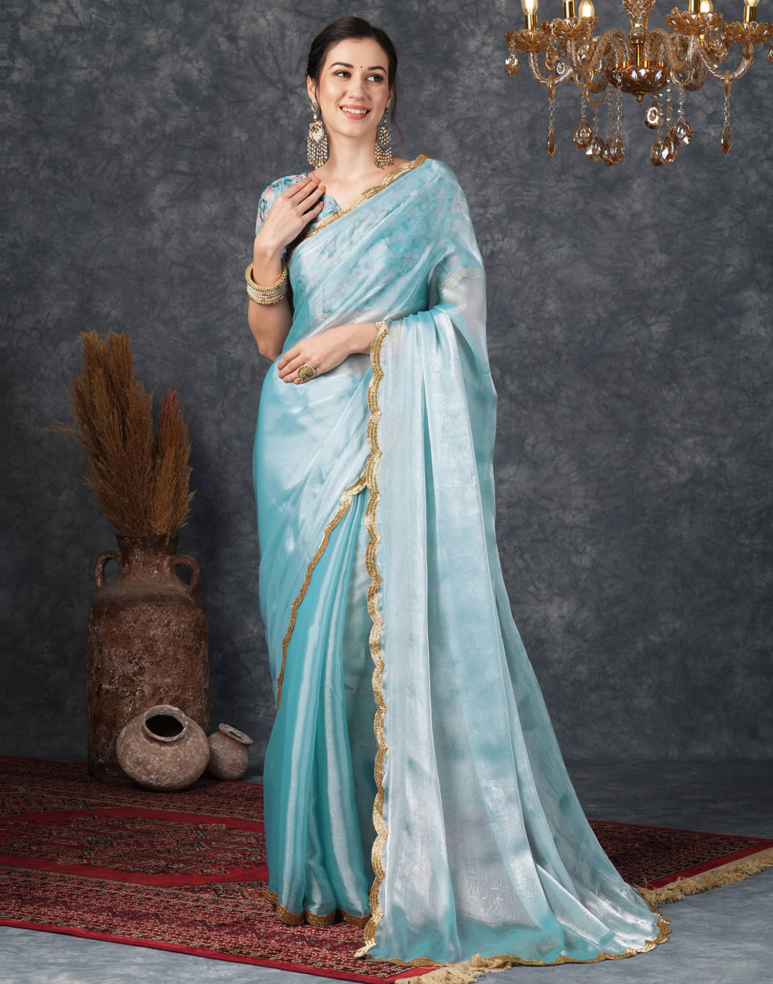     			Satrani Chiffon Embellished Saree With Unstitched Blouse Piece ( Turquoise )