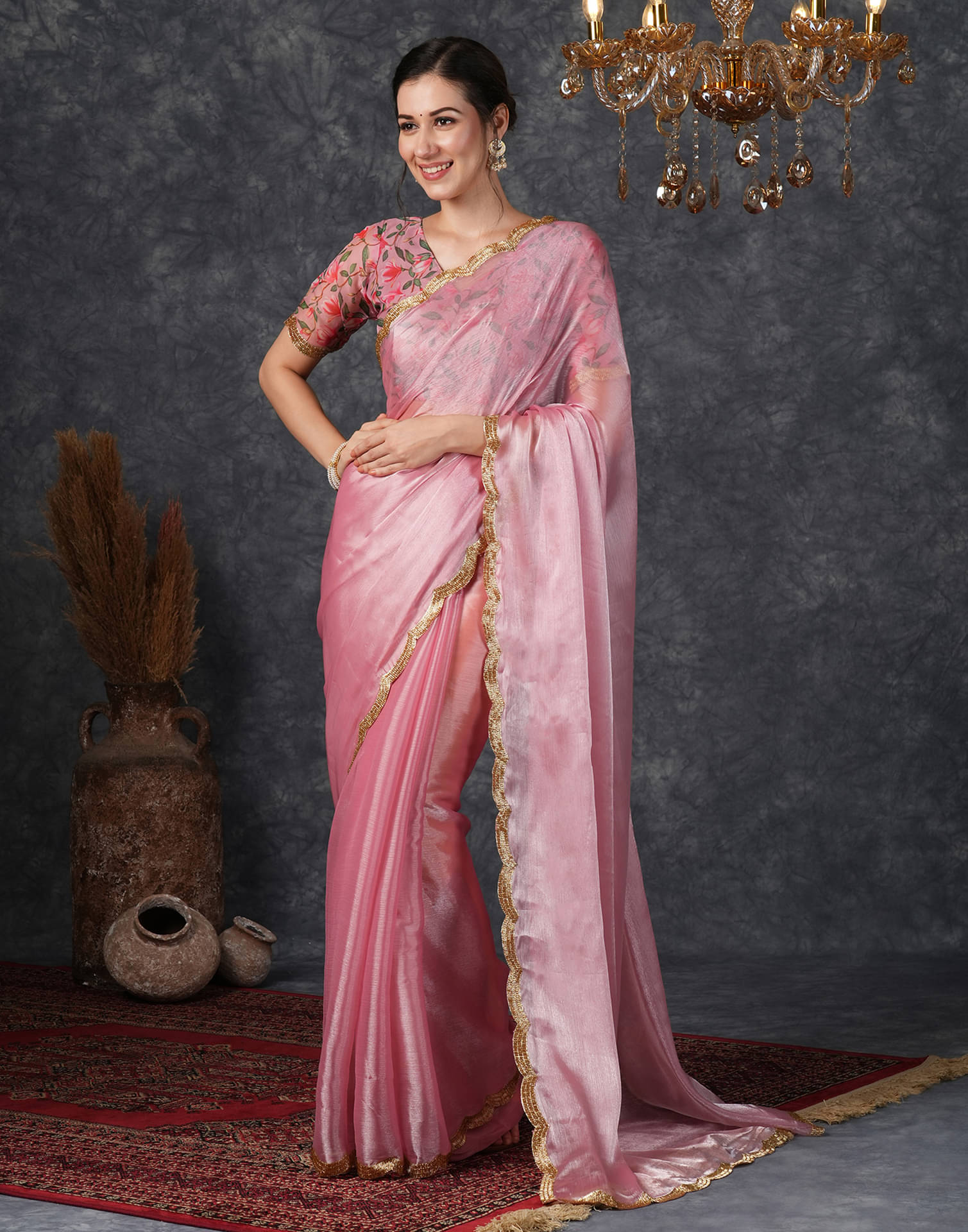     			Satrani Chiffon Embellished Saree With Unstitched Blouse Piece ( Pink )