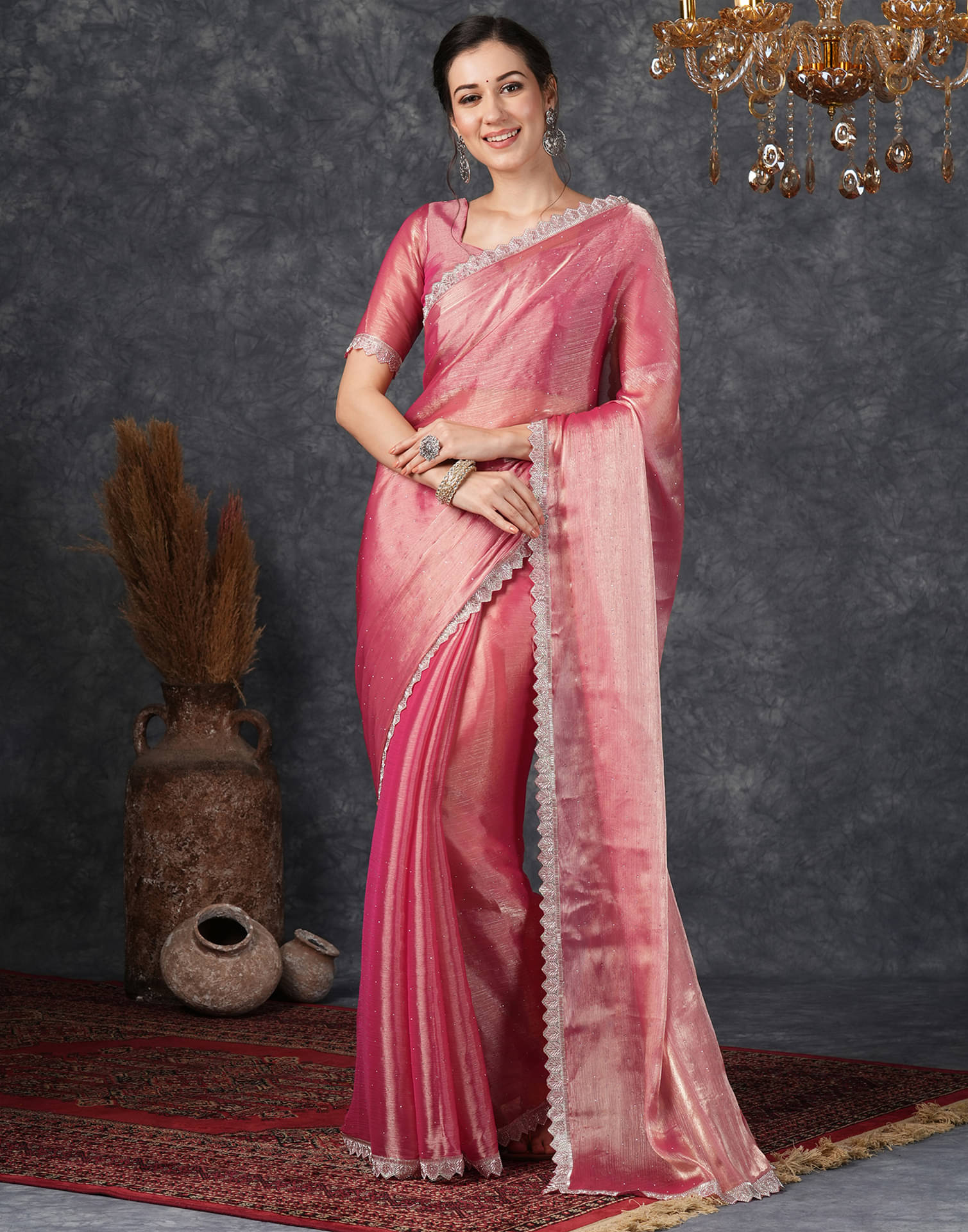Satrani Chiffon Embellished Saree With Unstitched Blouse Piece ( Pink ) Satrani Chiffon Embellished Saree With Unstitched Blouse Piece ( Pink )