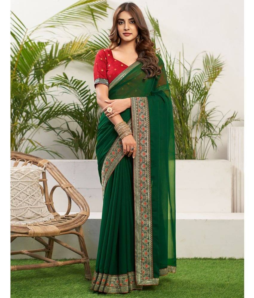     			Satrani Georgette Embellished Saree With Unstitched Blouse Piece ( Green )