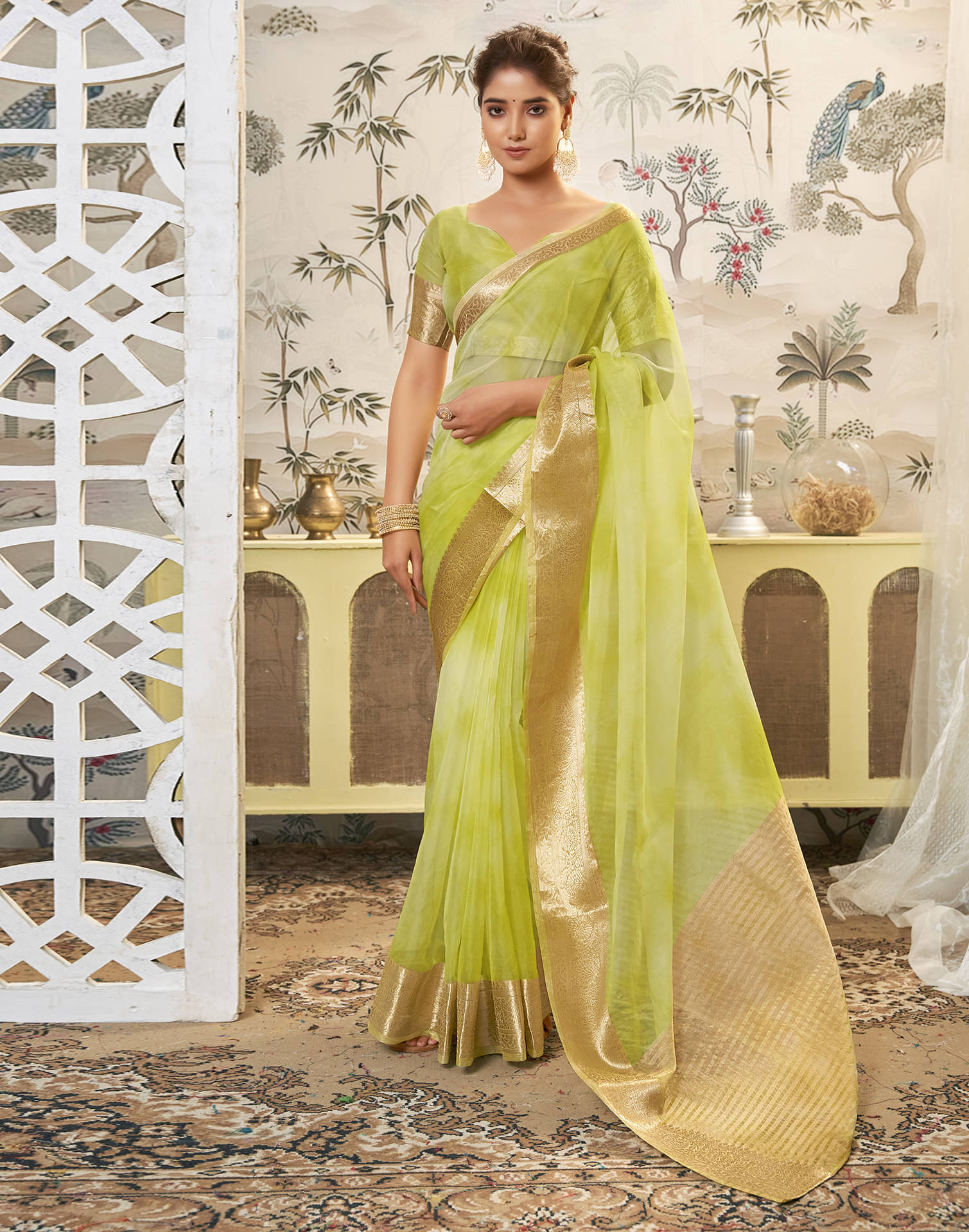     			Satrani Organza Embellished Saree With Unstitched Blouse Piece ( Light Green )