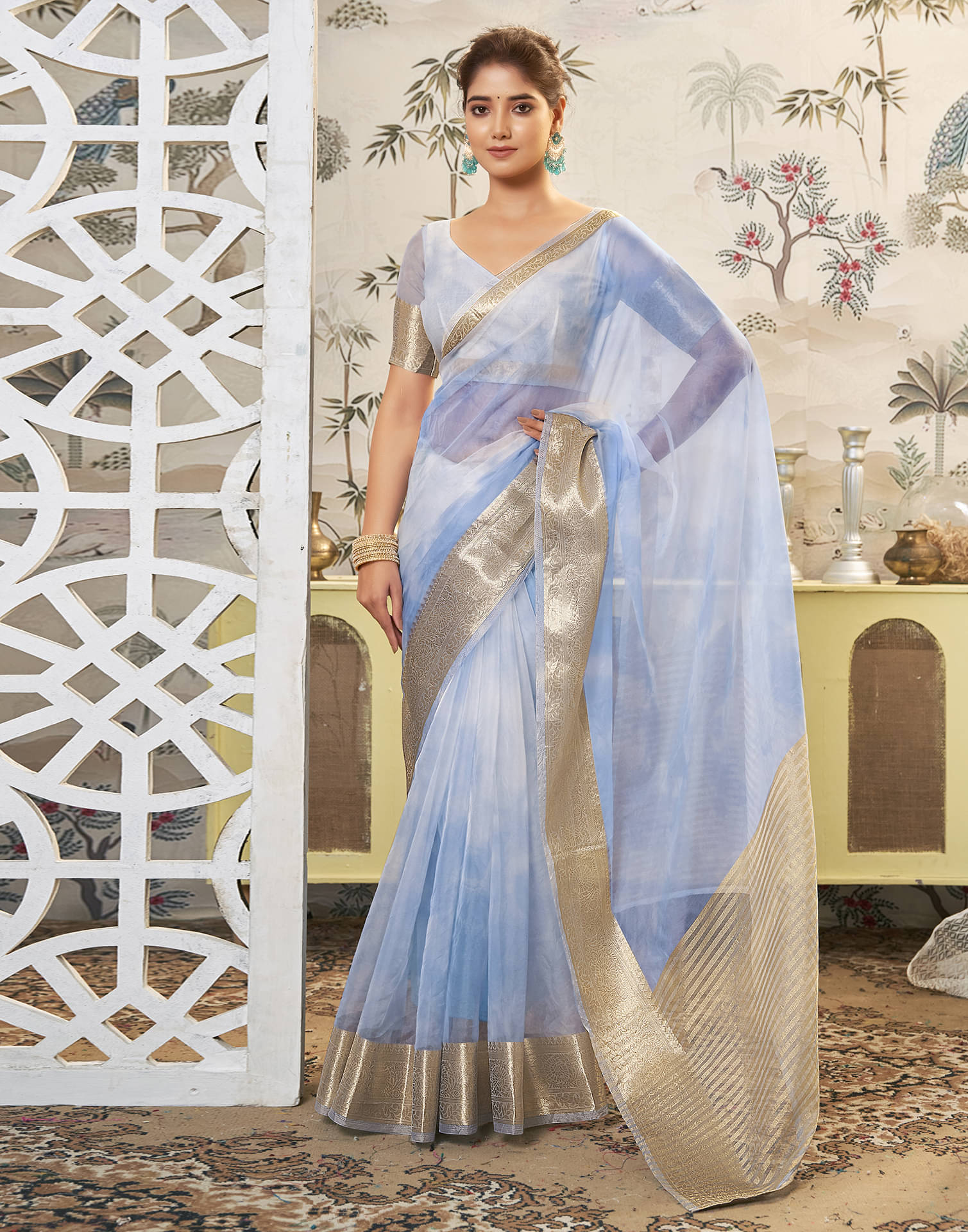 Satrani Organza Embellished Saree With Unstitched Blouse Piece ( Light Blue ) Satrani Organza Embellished Saree With Unstitched Blouse Piece ( Light Blue )