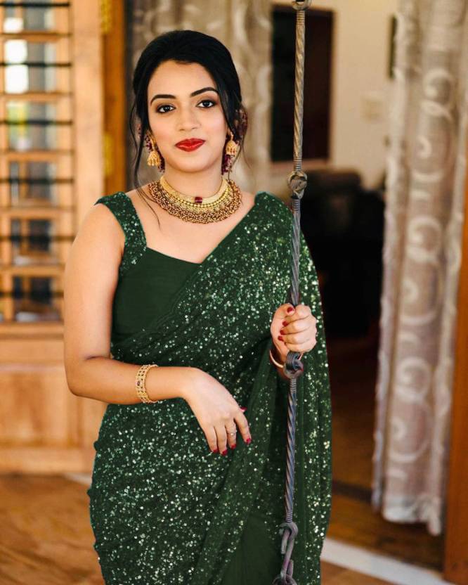    			Shivadit ethnic Chiffon Embroidered Saree With Unstitched Blouse Piece ( Green )