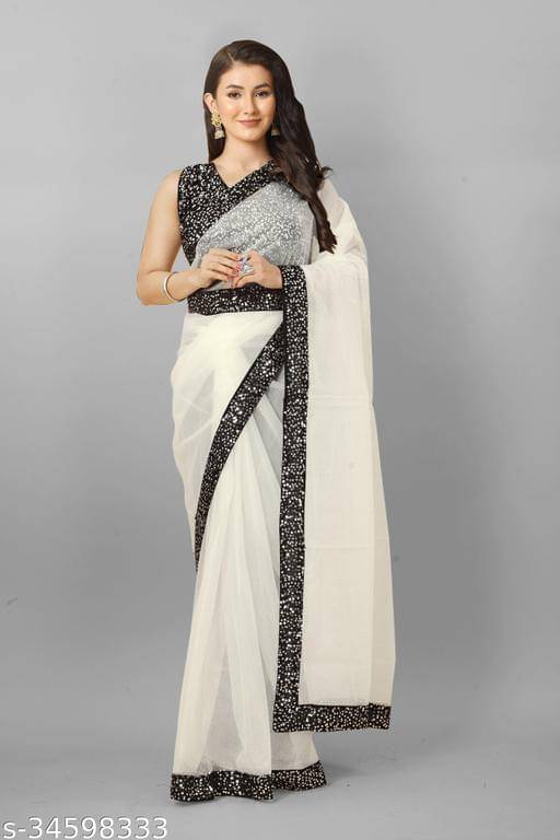     			Shivadit ethnic Net Embroidered Saree With Unstitched Blouse Piece ( White )