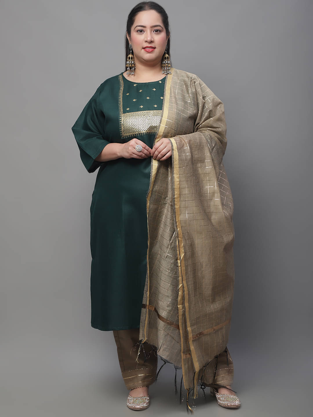     			VredeVogel Cotton Blend Embellished Kurti With Pants Women's Stitched Salwar Suit - Green ( Pack of 1 )
