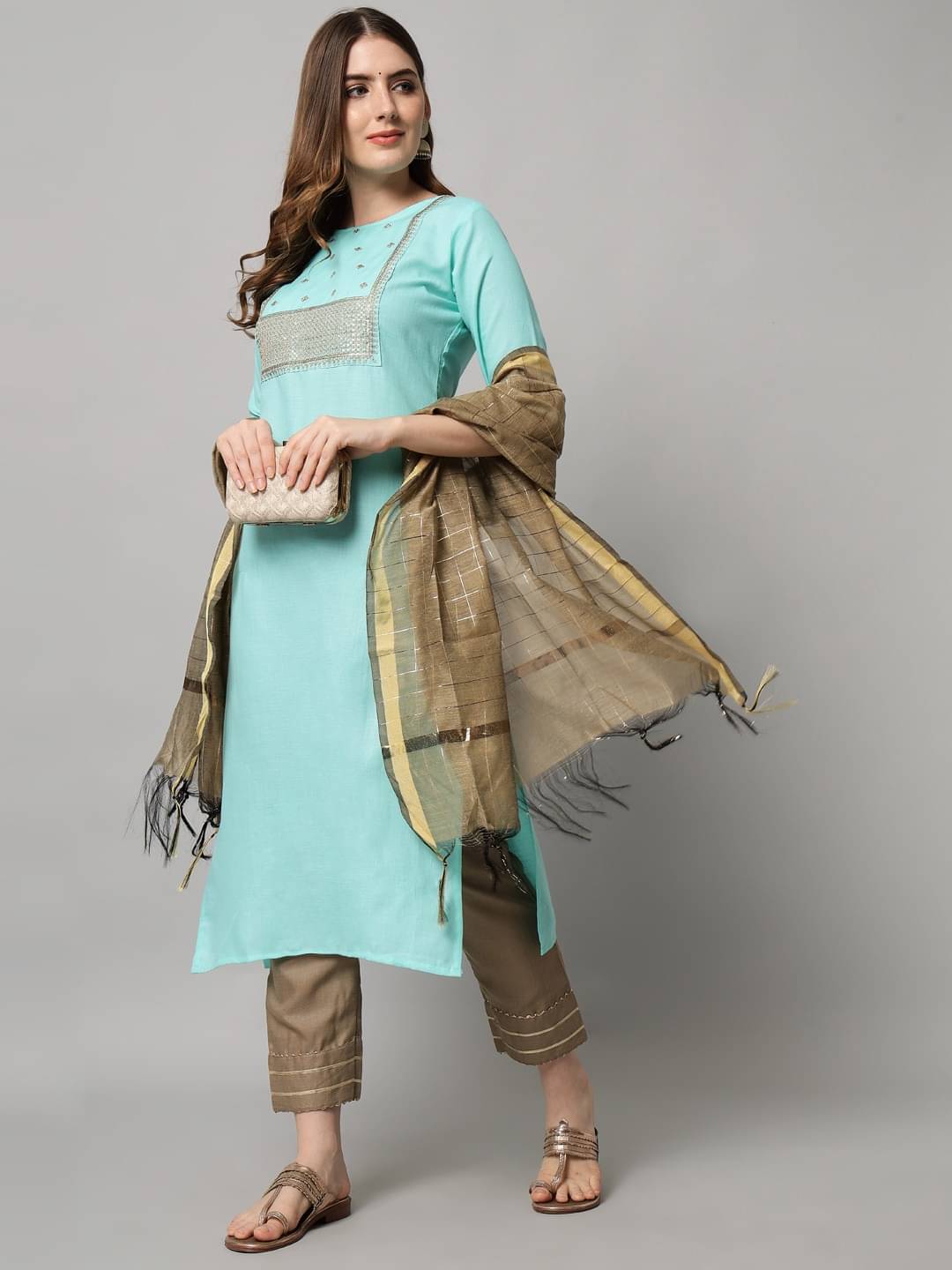     			VredeVogel Cotton Blend Embellished Kurti With Pants Women's Stitched Salwar Suit - Light Blue ( Pack of 1 )