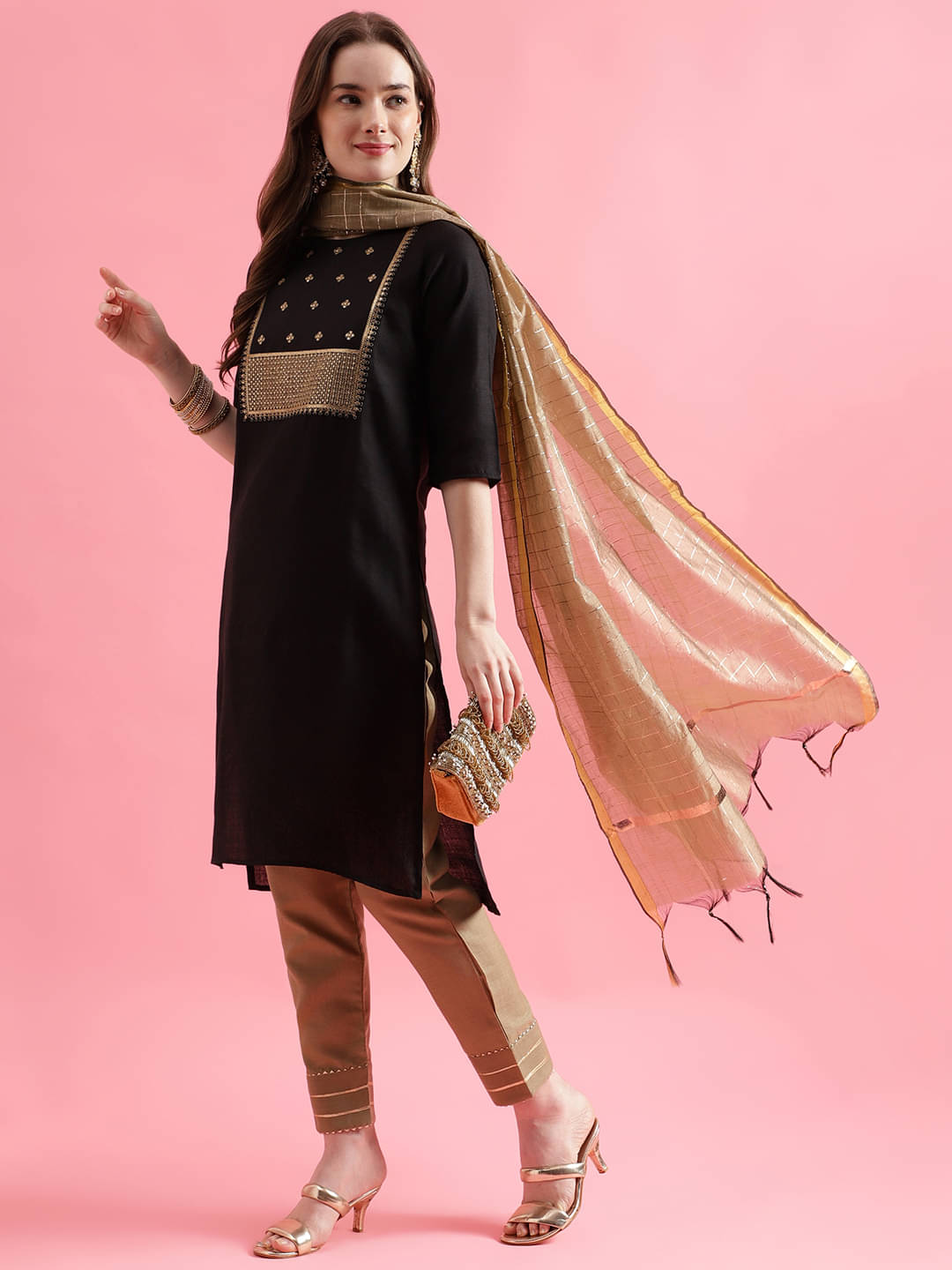 VredeVogel Cotton Embellished Kurti With Pants Women's Stitched Salwar Suit - Black ( Pack of 1 ) VredeVogel Cotton Embellished Kurti With Pants Women's Stitched Salwar Suit - Black ( Pack of 1 )