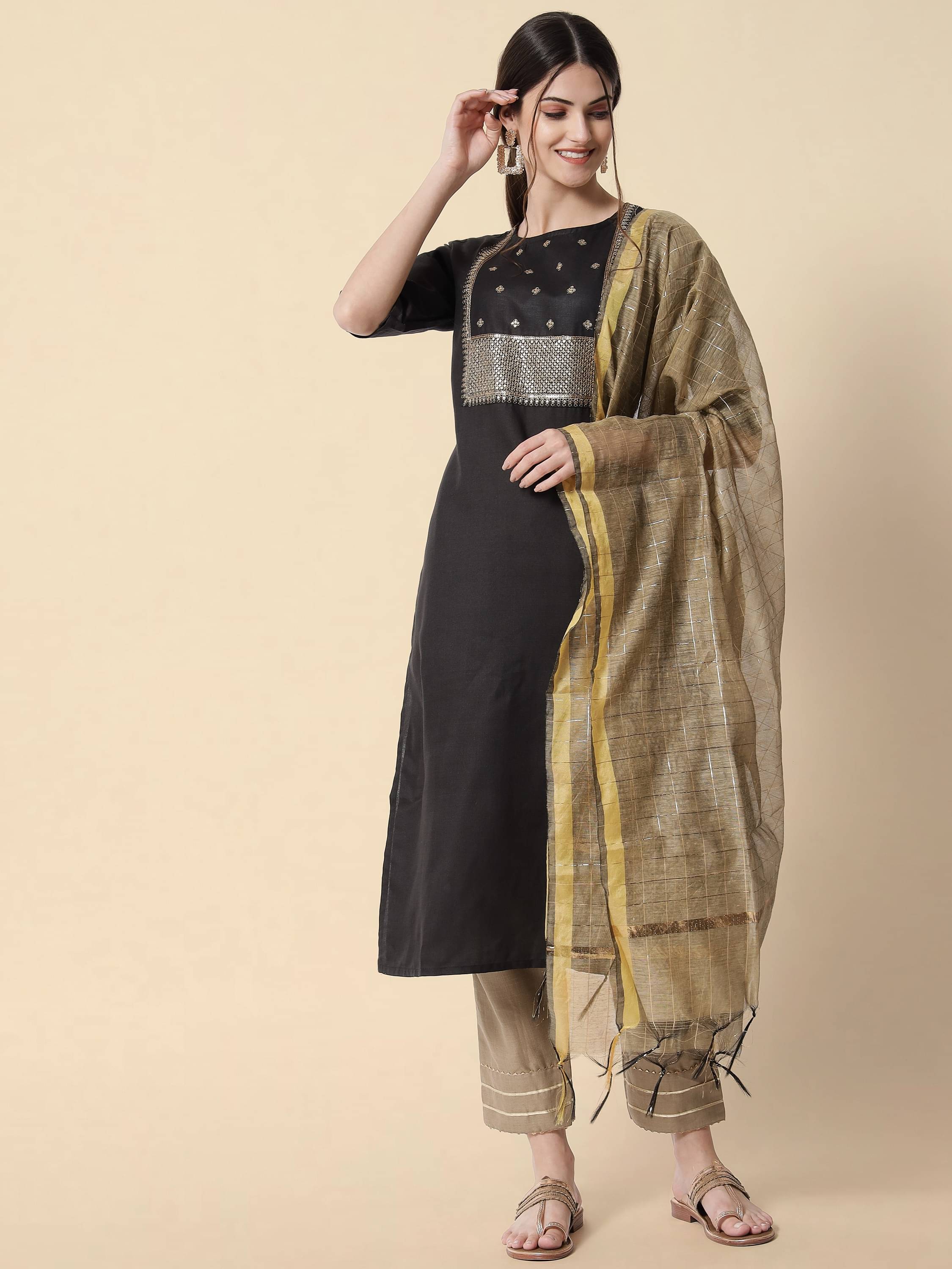 VredeVogel Cotton Silk Embellished Kurti With Pants Women's Stitched Salwar Suit - Black ( Pack of 1 ) VredeVogel Cotton Silk Embellished Kurti With Pants Women's Stitched Salwar Suit - Black ( Pack of 1 )