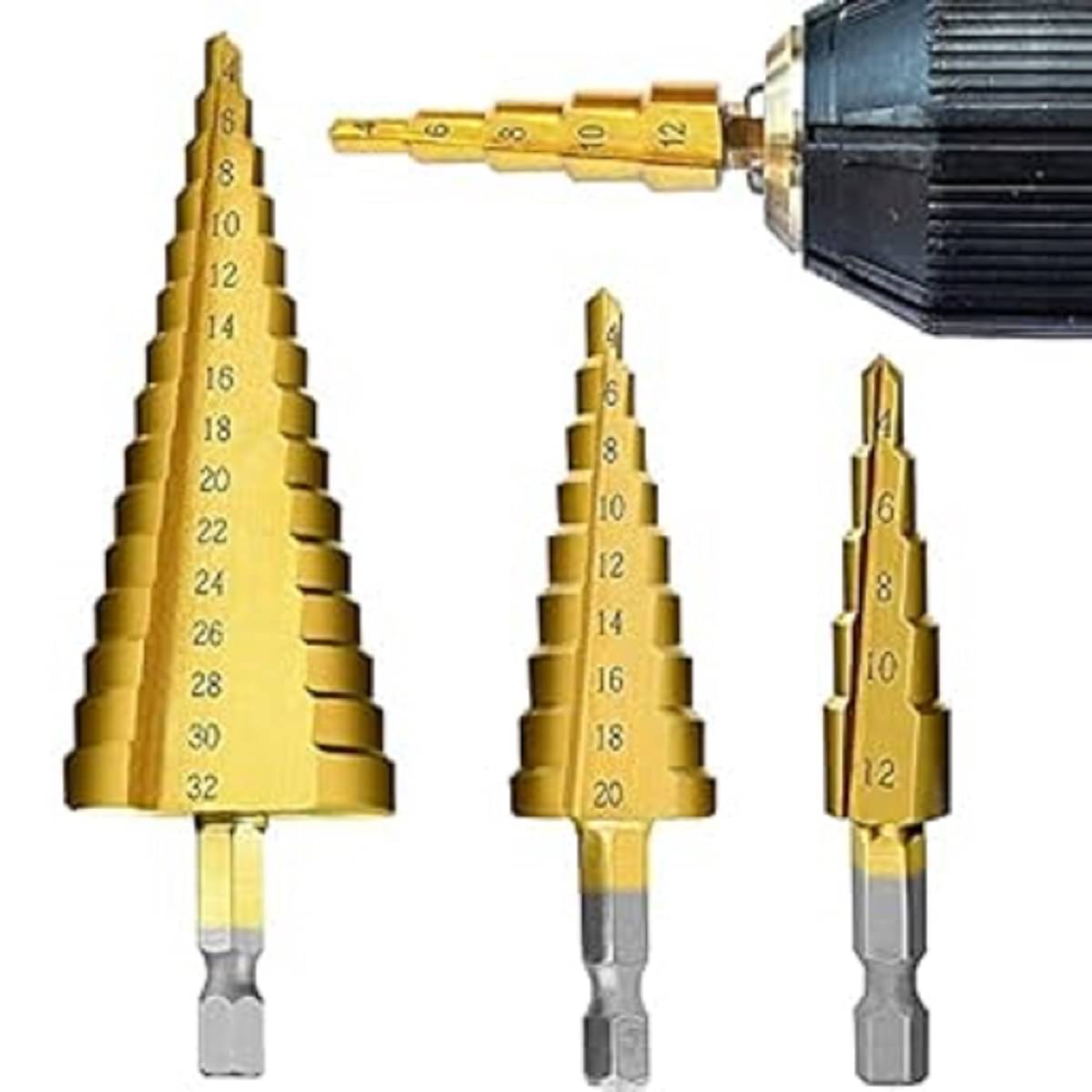 3X Large HSS Steel Step Cone Drill Titanium Bit Set Hole Cutter 4-12/20/32mm 3X Large HSS Steel Step Cone Drill Titanium Bit Set Hole Cutter 4-12/20/32mm