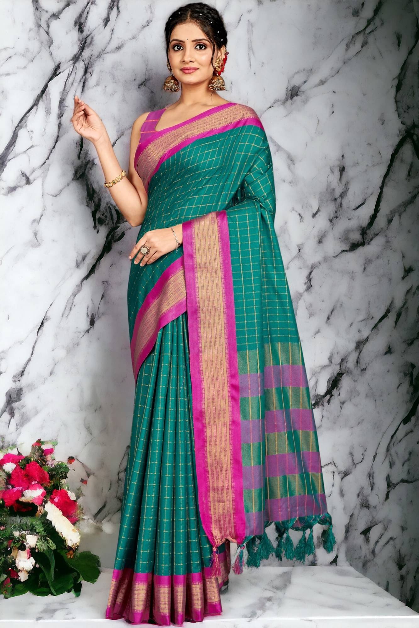 AMTHI Cotton Silk Woven Saree With Unstitched Blouse Piece ( Rama ) AMTHI Cotton Silk Woven Saree With Unstitched Blouse Piece ( Rama )
