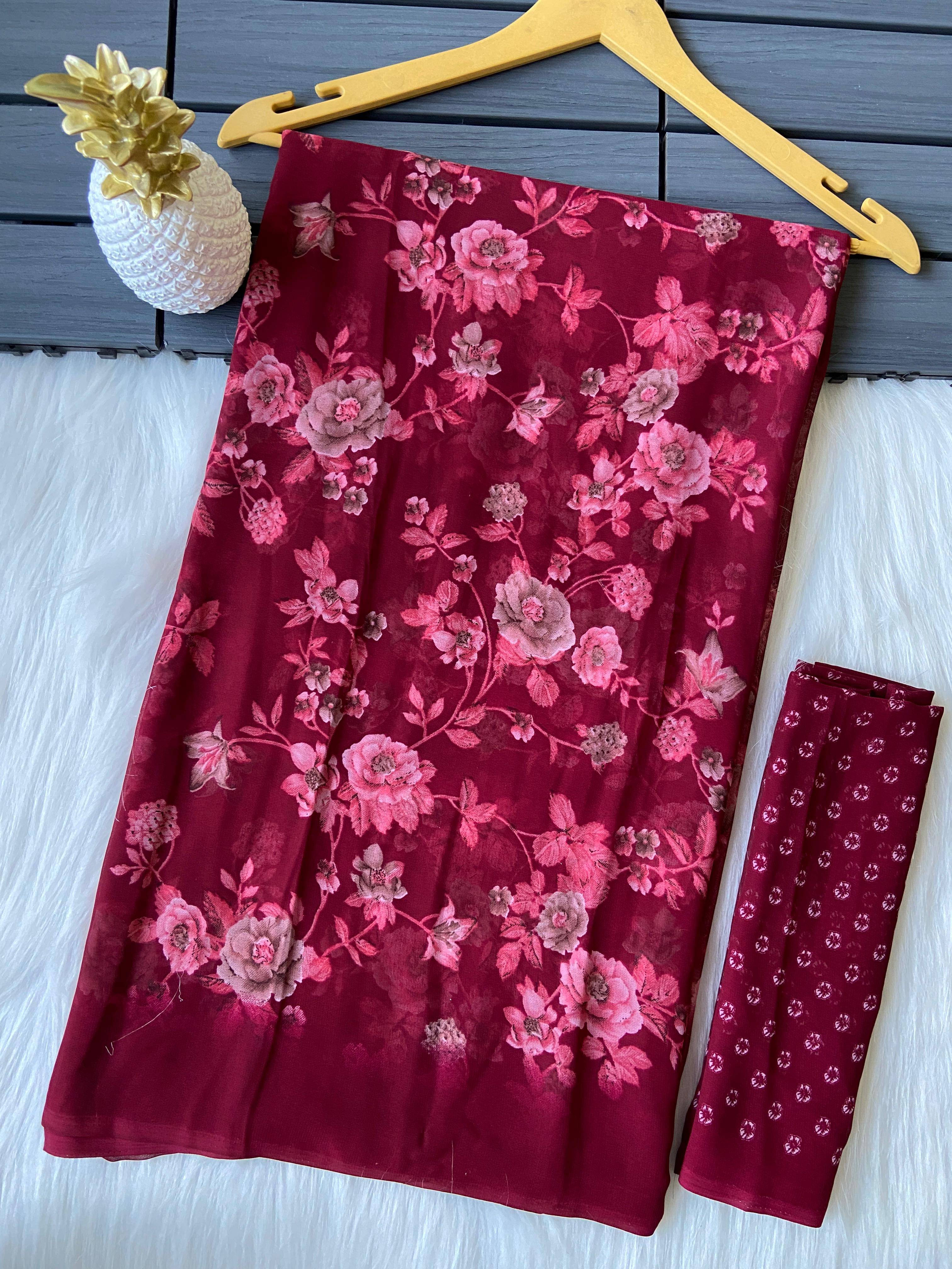 BHAVIKA SILK MILLS Georgette Printed Saree With Unstitched Blouse Piece ( Maroon ) BHAVIKA SILK MILLS Georgette Printed Saree With Unstitched Blouse Piece ( Maroon )
