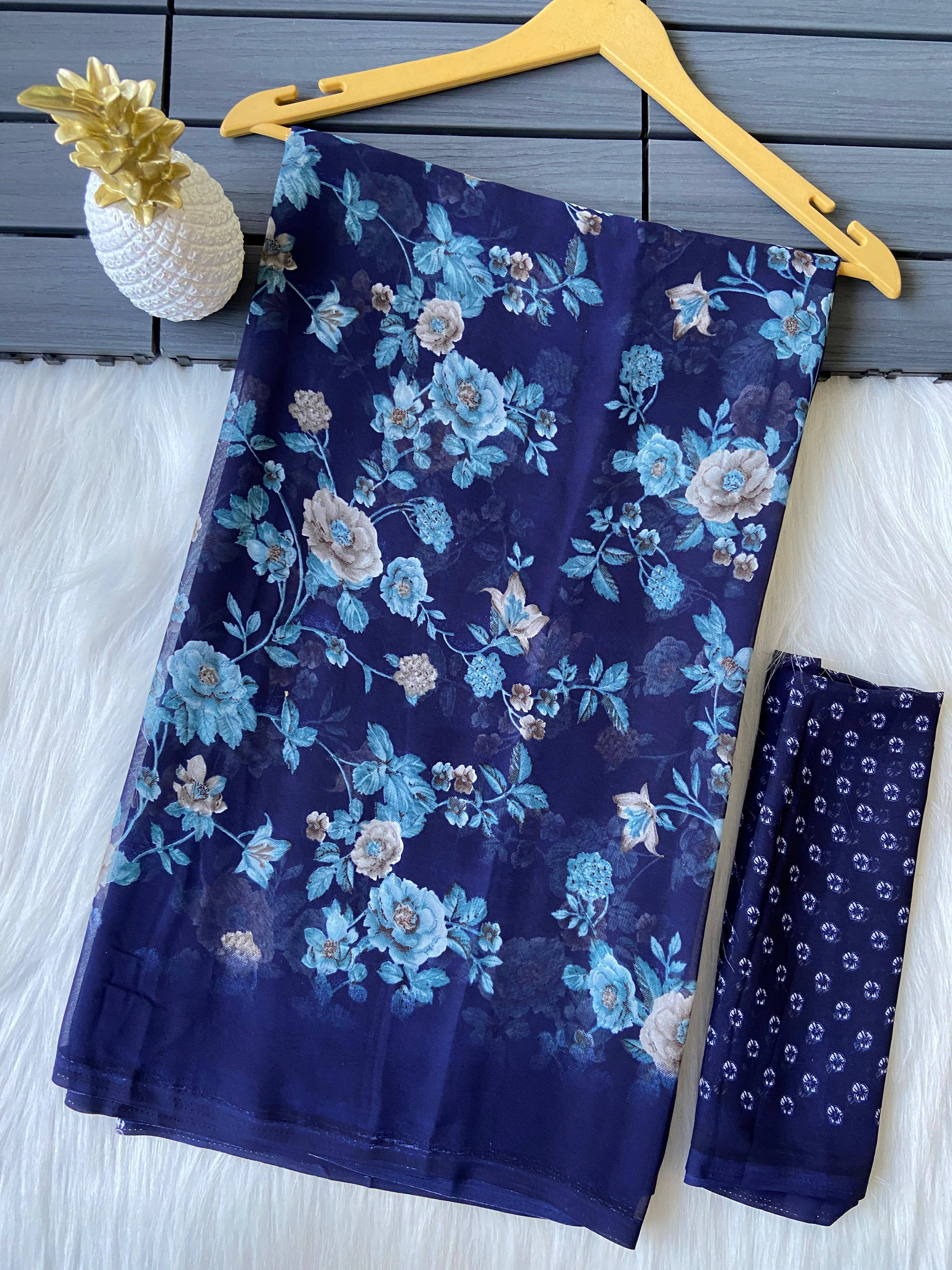     			BHAVIKA SILK MILLS Georgette Printed Saree With Unstitched Blouse Piece ( Navy Blue )