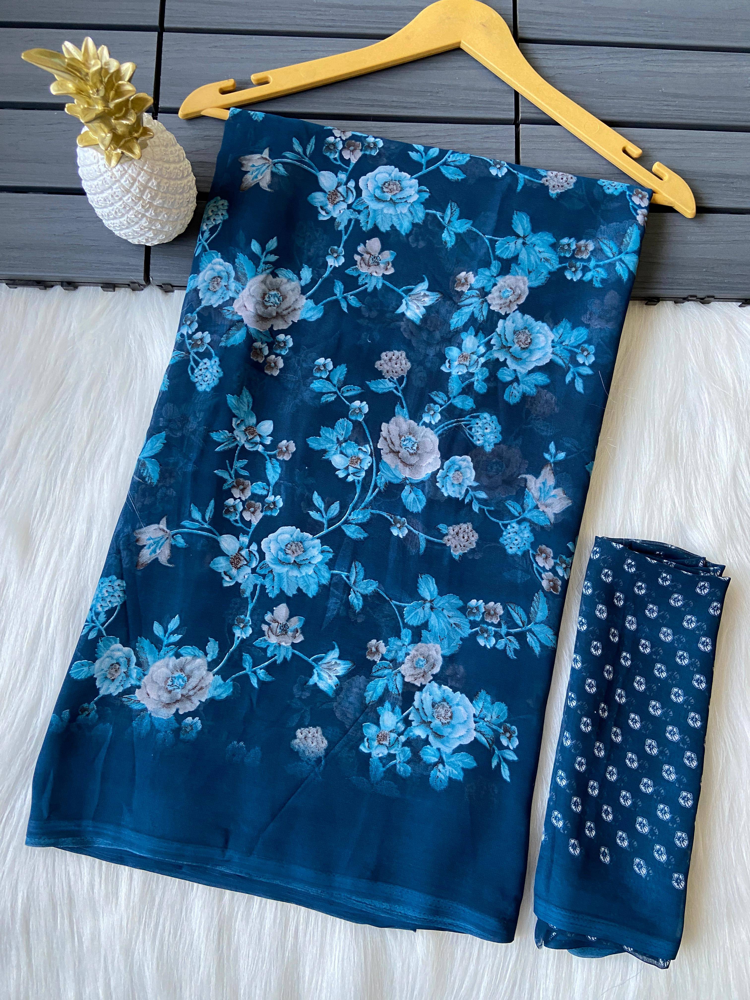 BHAVIKA SILK MILLS Georgette Printed Saree With Unstitched Blouse Piece ( Blue ) BHAVIKA SILK MILLS Georgette Printed Saree With Unstitched Blouse Piece ( Blue )