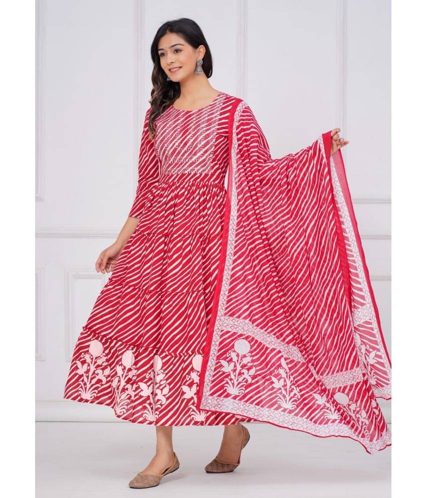 CTMTEX Rayon Flex Embroidered Tiered Flared Women's Kurti with Dupatta - Red,White ( Pack of 1 ) CTMTEX Rayon Flex Embroidered Tiered Flared Women's Kurti with Dupatta - Red,White ( Pack of 1 )