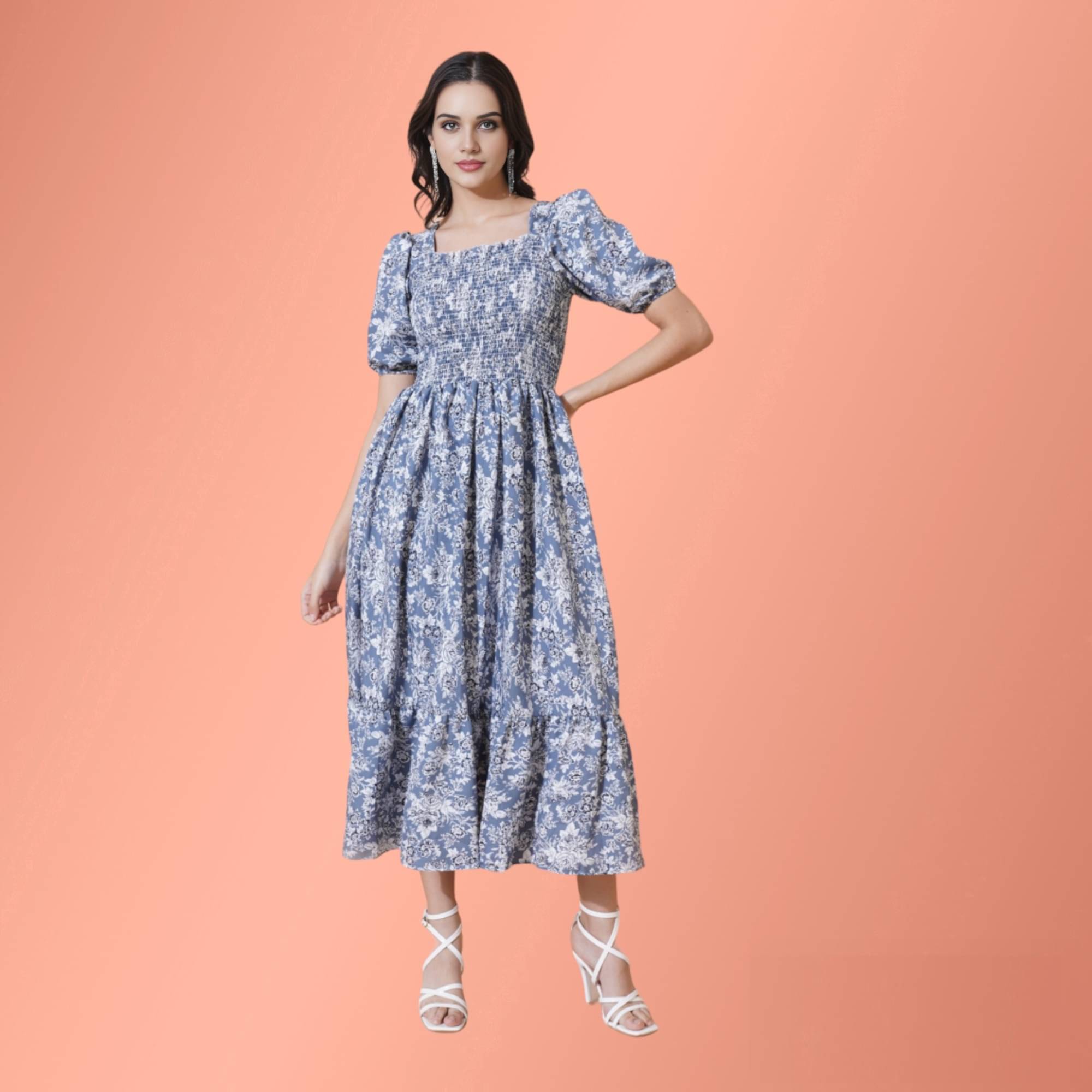 Femvy Women Polyester Printed Fit & Flare Dress ( Blue ) Femvy Women Polyester Printed Fit & Flare Dress ( Blue )