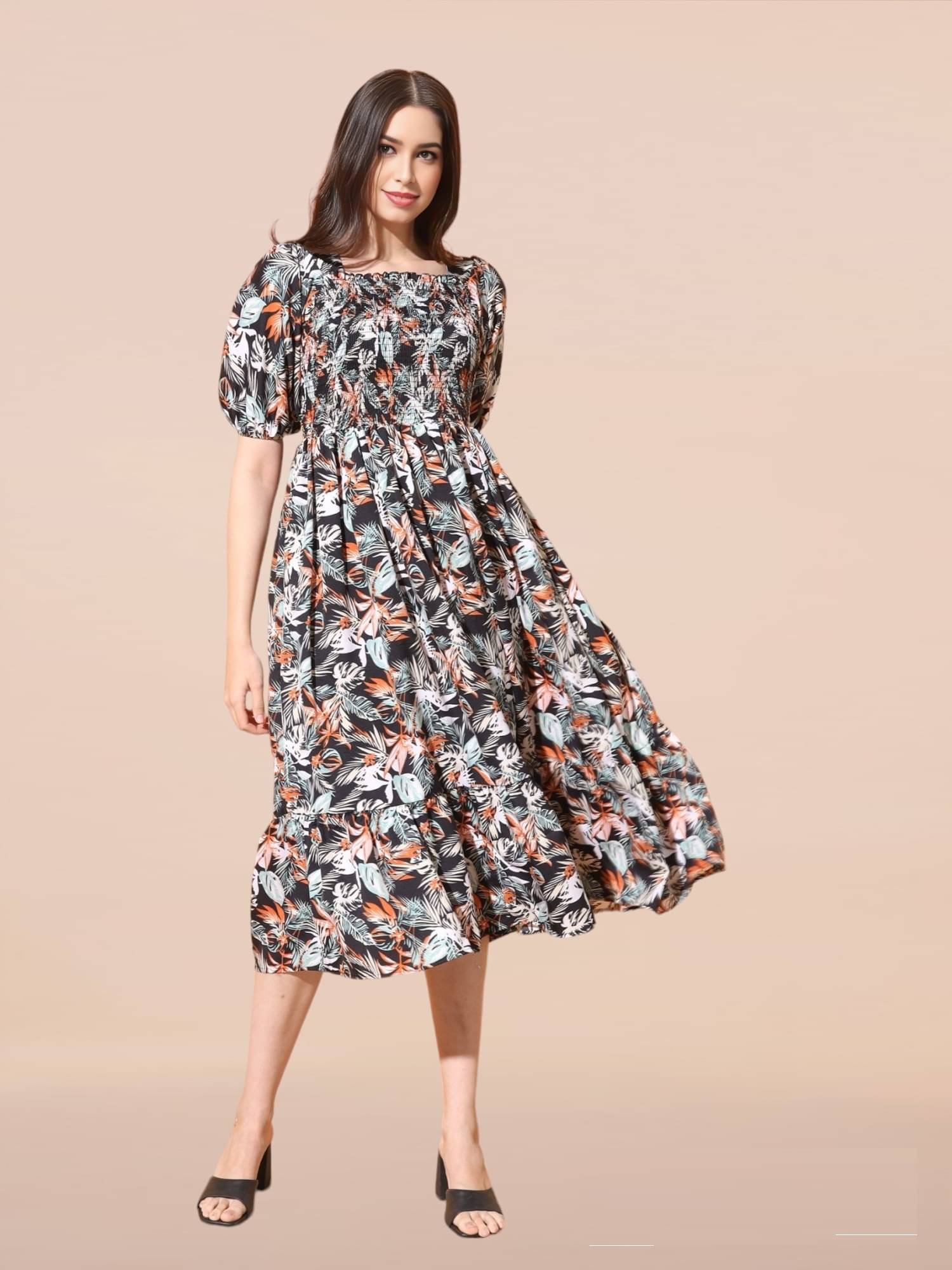 Femvy Women Polyester Printed Fit & Flare Dress ( Black )     			Femvy Women Polyester Printed Fit & Flare Dress ( Black )