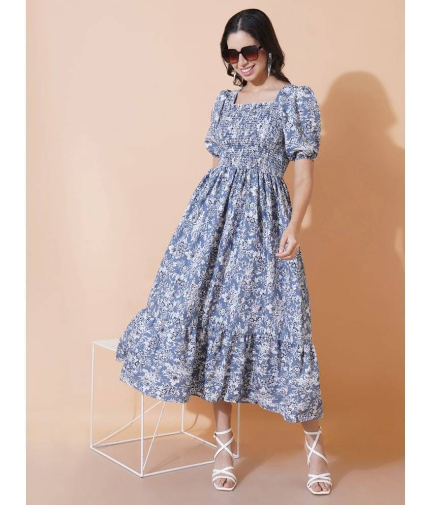 Femvy Women Polyester Printed Fit & Flare Dress ( Blue ) Femvy Women Polyester Printed Fit & Flare Dress ( Blue )