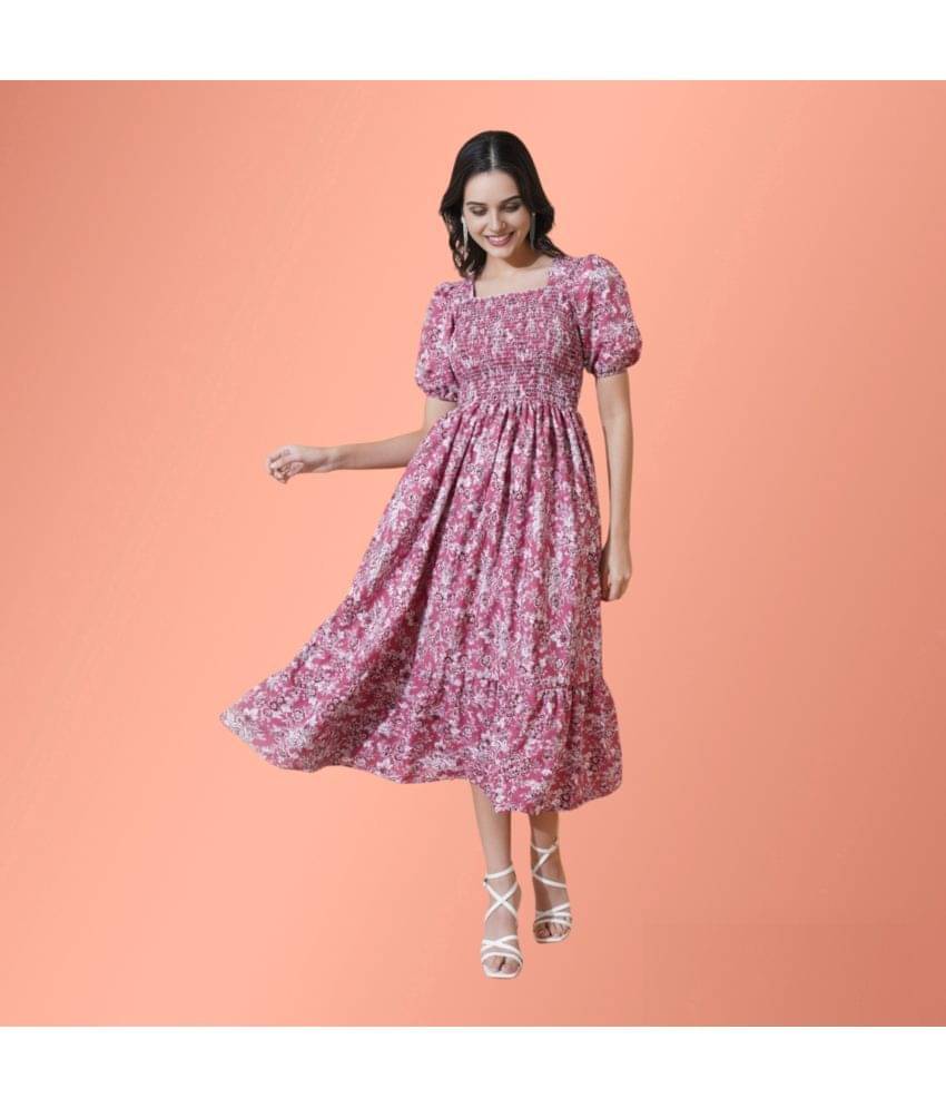     			Femvy Women Polyester Printed Fit & Flare Dress ( Pink )