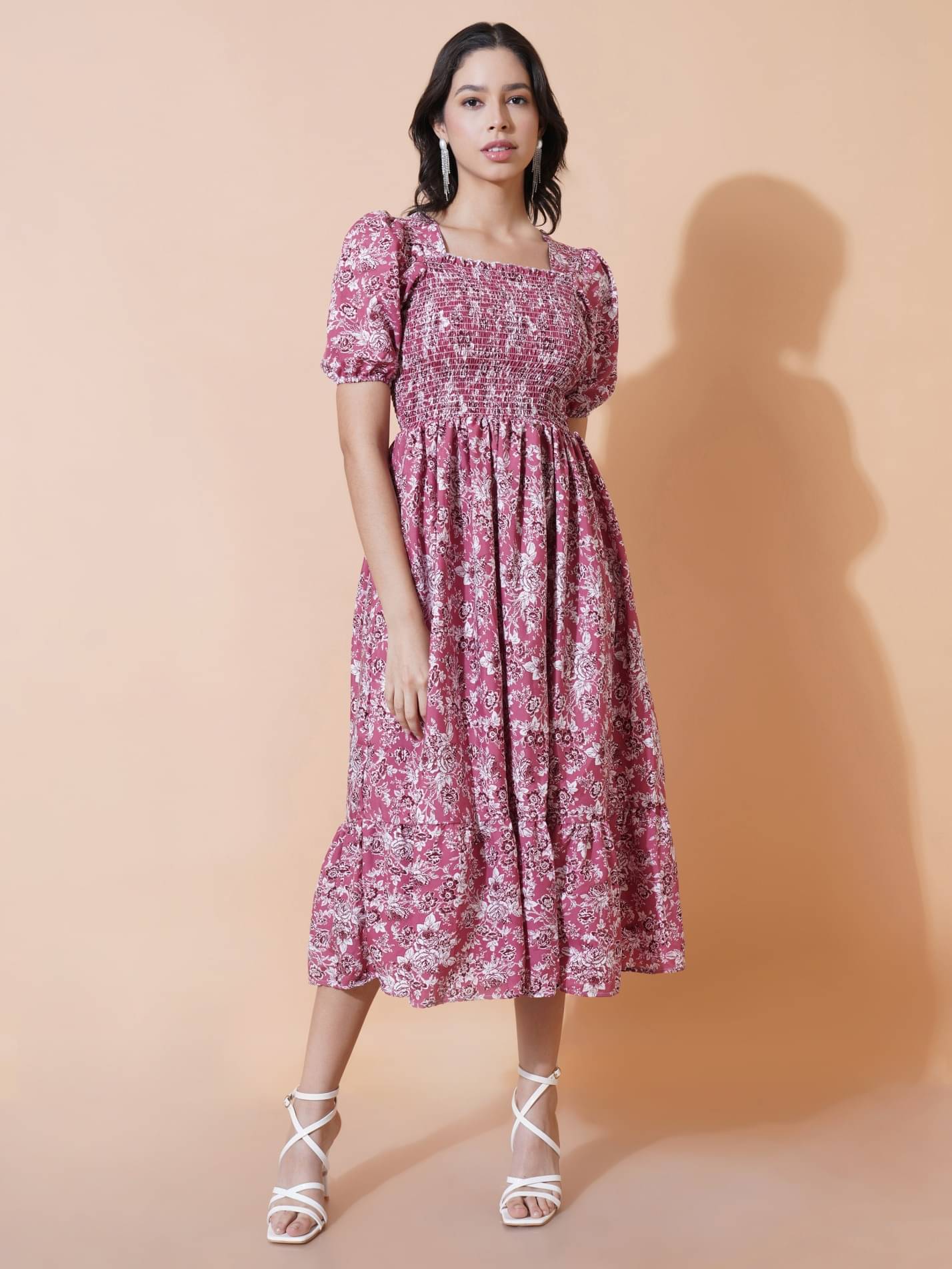     			Femvy Women Polyester Printed Fit & Flare Dress ( Pink )