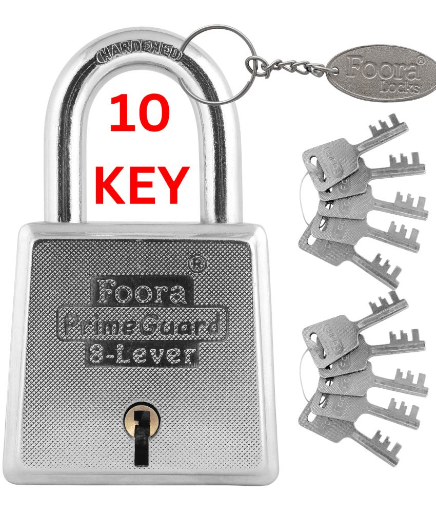 Foora PrimeGurad 60 Padlock - Double Locking 8 Lever Iron Zinc, 10 Keys for Door Gate Shutter Security, Heavy Duty 60mm Silver Glossy Finish Foora PrimeGurad 60 Padlock - Double Locking 8 Lever Iron Zinc, 10 Keys for Door Gate Shutter Security, Heavy Duty 60mm Silver Glossy Finish