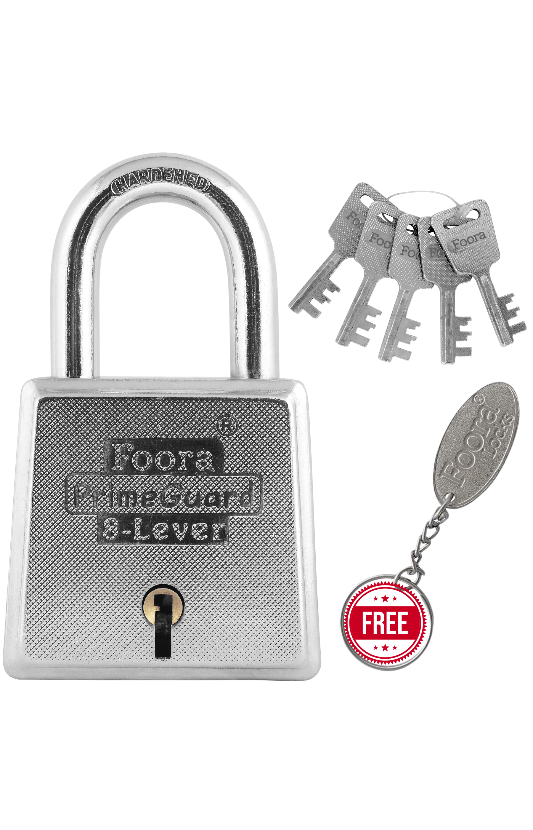     			Foora PrimeGurad 60 Padlock - Double Locking 8 Lever Iron Zinc, 5 Keys for Door Gate Shutter Security, Heavy Duty 60mm Silver Glossy Finish