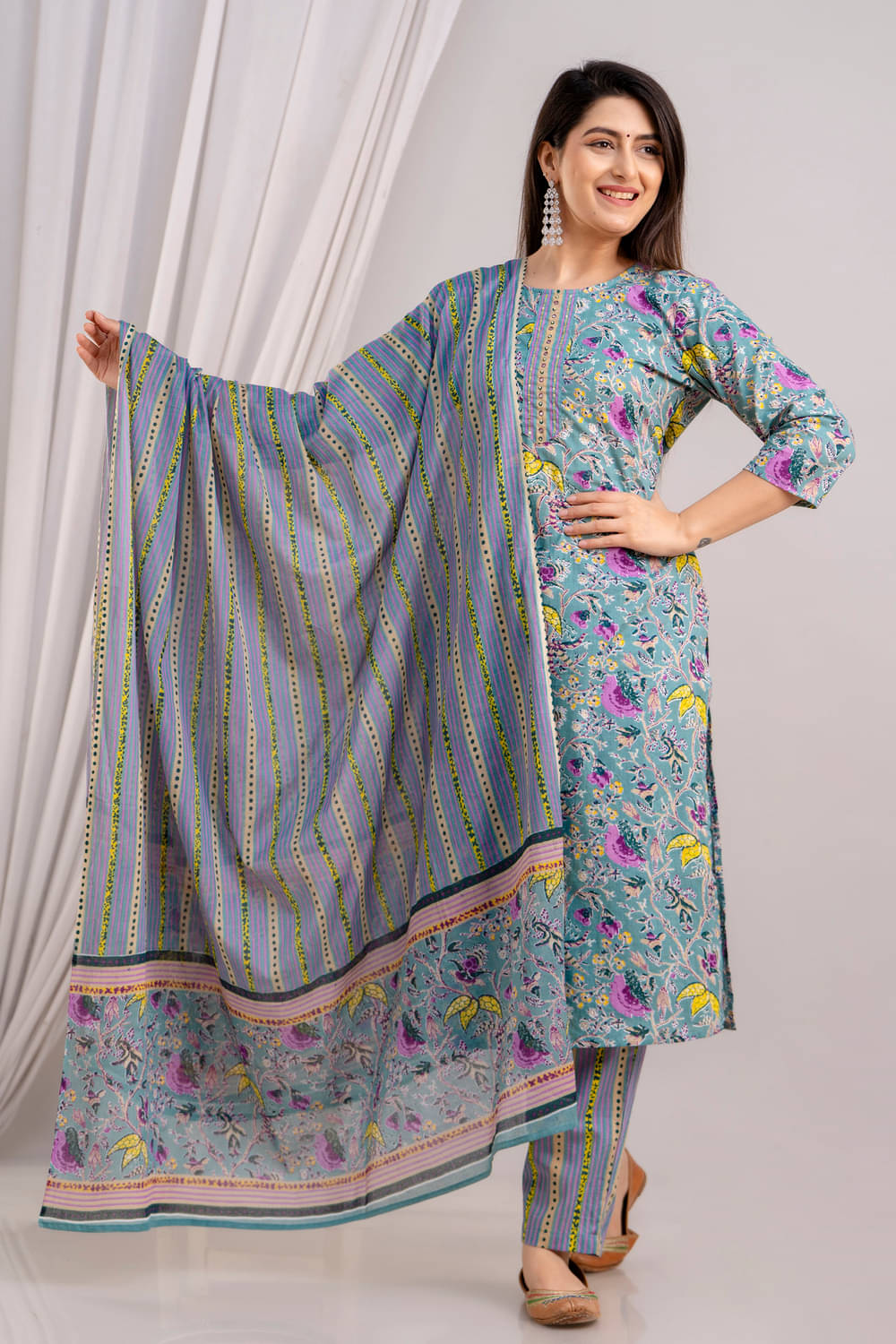 Frionkandy Cotton Printed Kurti With Pants Women's Stitched Salwar Suit - Blue ( Pack of 1 ) Frionkandy Cotton Printed Kurti With Pants Women's Stitched Salwar Suit - Blue ( Pack of 1 )