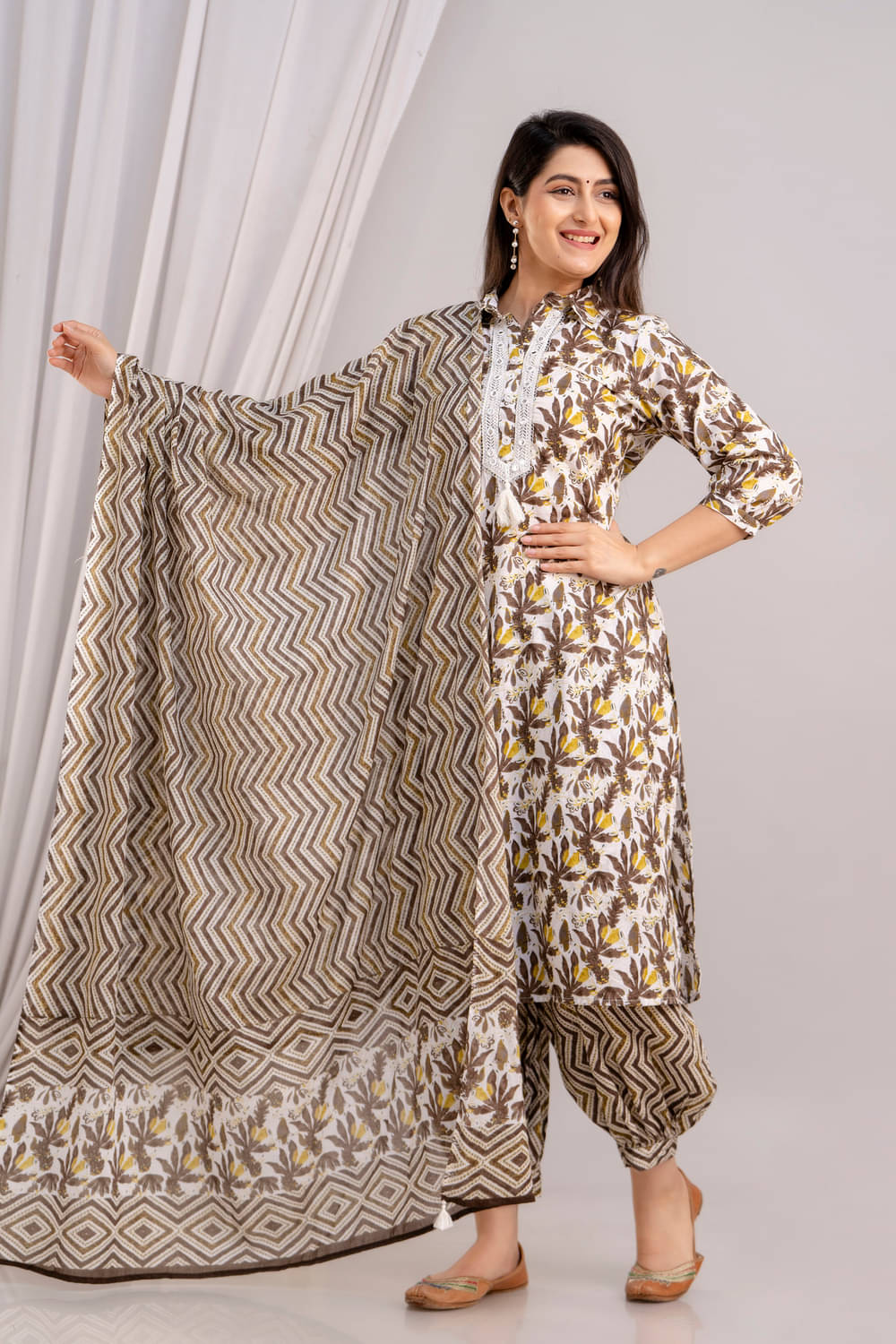     			Frionkandy Cotton Printed Kurti With Salwar Women's Stitched Salwar Suit - Brown ( Pack of 1 )