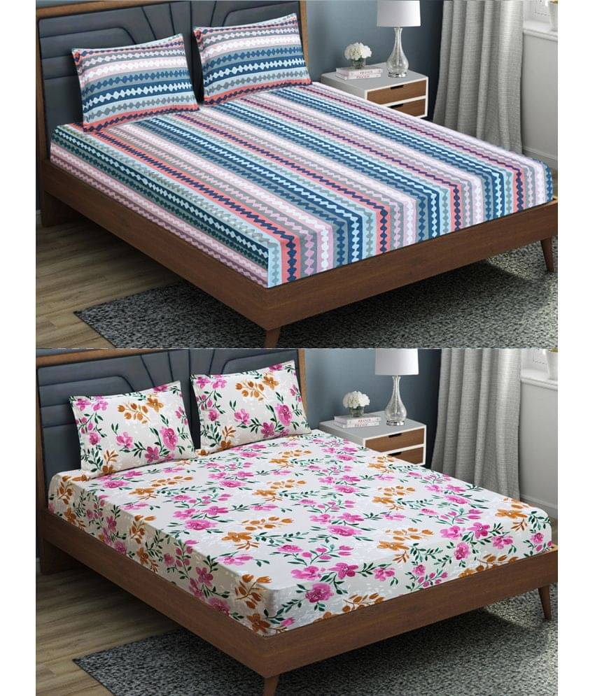     			Home Candy Microfibre Floral Fitted 2 Bedsheets with 4 Pillow Covers ( Double Bed ) - White