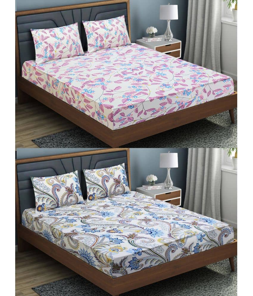 Home Candy Microfibre Floral Fitted 2 Bedsheets with 4 Pillow Covers ( Double Bed ) - White