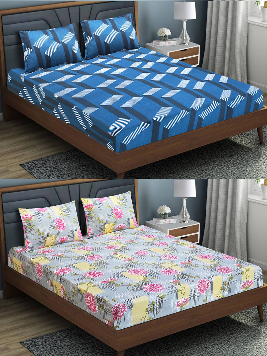 Home Candy Microfibre Floral Fitted 2 Bedsheets with 4 Pillow Covers ( Double Bed ) - Blue Home Candy Microfibre Floral Fitted 2 Bedsheets with 4 Pillow Covers ( Double Bed ) - Blue