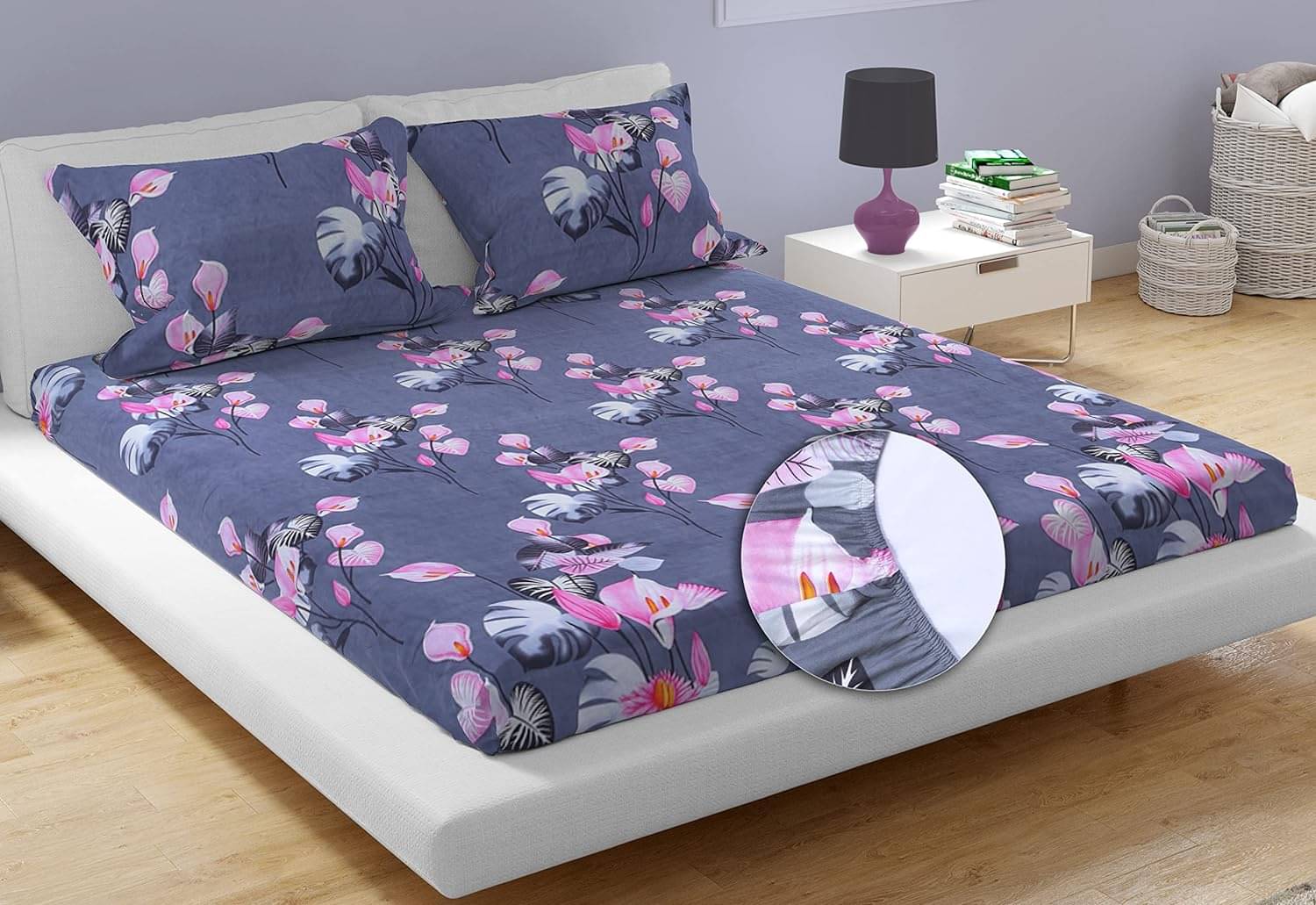     			HomeCrafts Polyester Geometric Fitted 1 Bedsheet with 2 Pillow Covers ( Double Bed ) - Gray