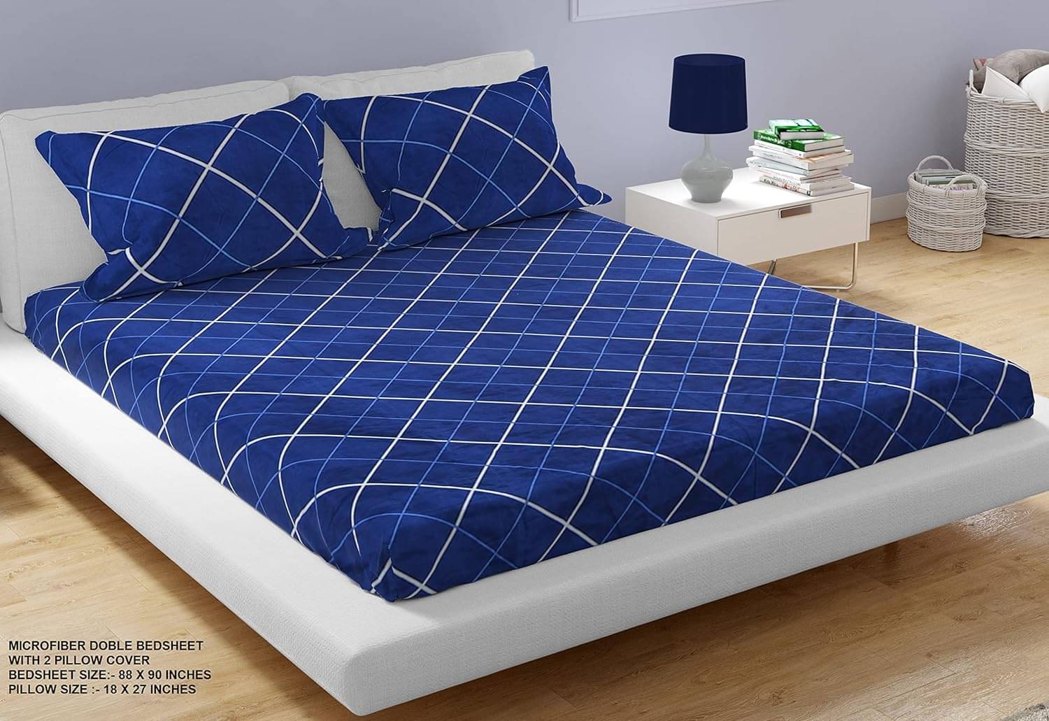     			HomeCrafts Polyester Geometric Fitted 1 Bedsheet with 2 Pillow Covers ( Double Bed ) - Blue