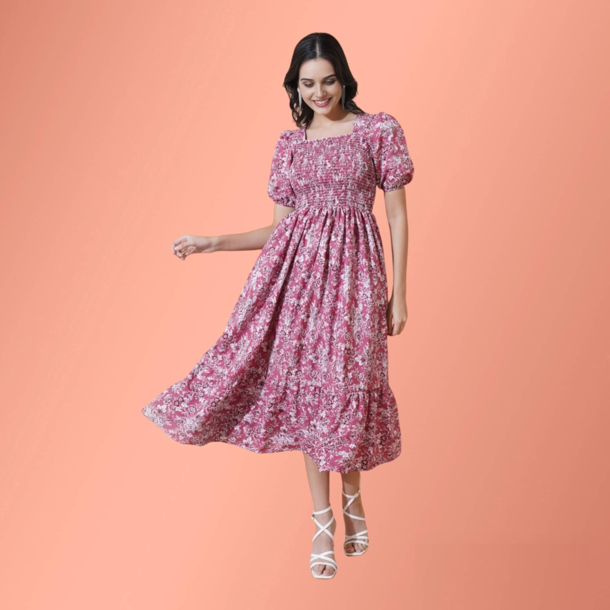     			JASH CREATION Polyester Printed Midi Women's Fit & Flare Dress - Pink ( Pack of 1 )