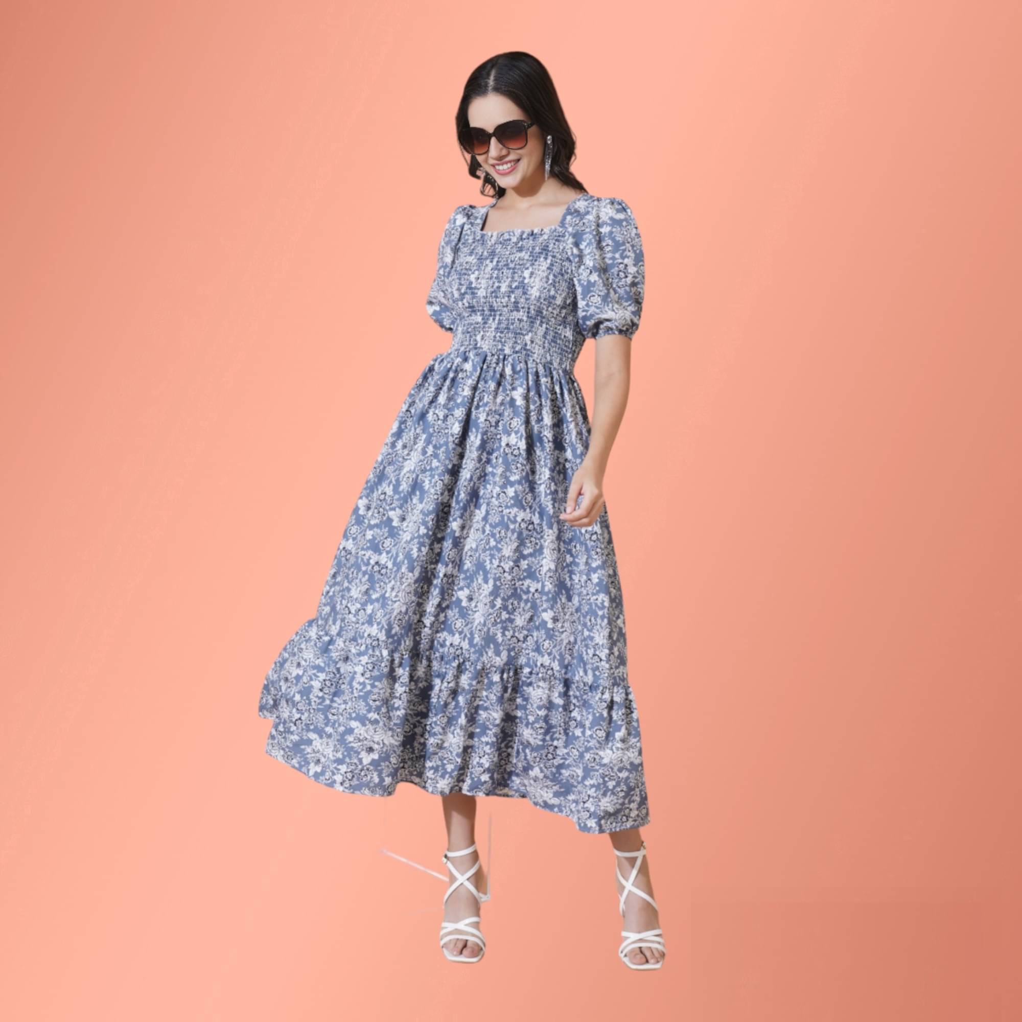 JASH CREATION Women Polyester Printed Fit & Flare Dress ( Blue ) JASH CREATION Women Polyester Printed Fit & Flare Dress ( Blue )