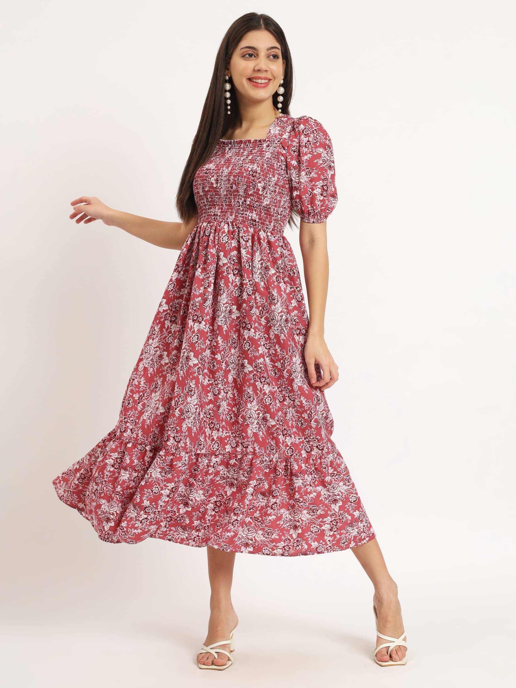JASH CREATION Polyester Printed Midi Women's Fit & Flare Dress - Pink ( Pack of 1 ) JASH CREATION Polyester Printed Midi Women's Fit & Flare Dress - Pink ( Pack of 1 )