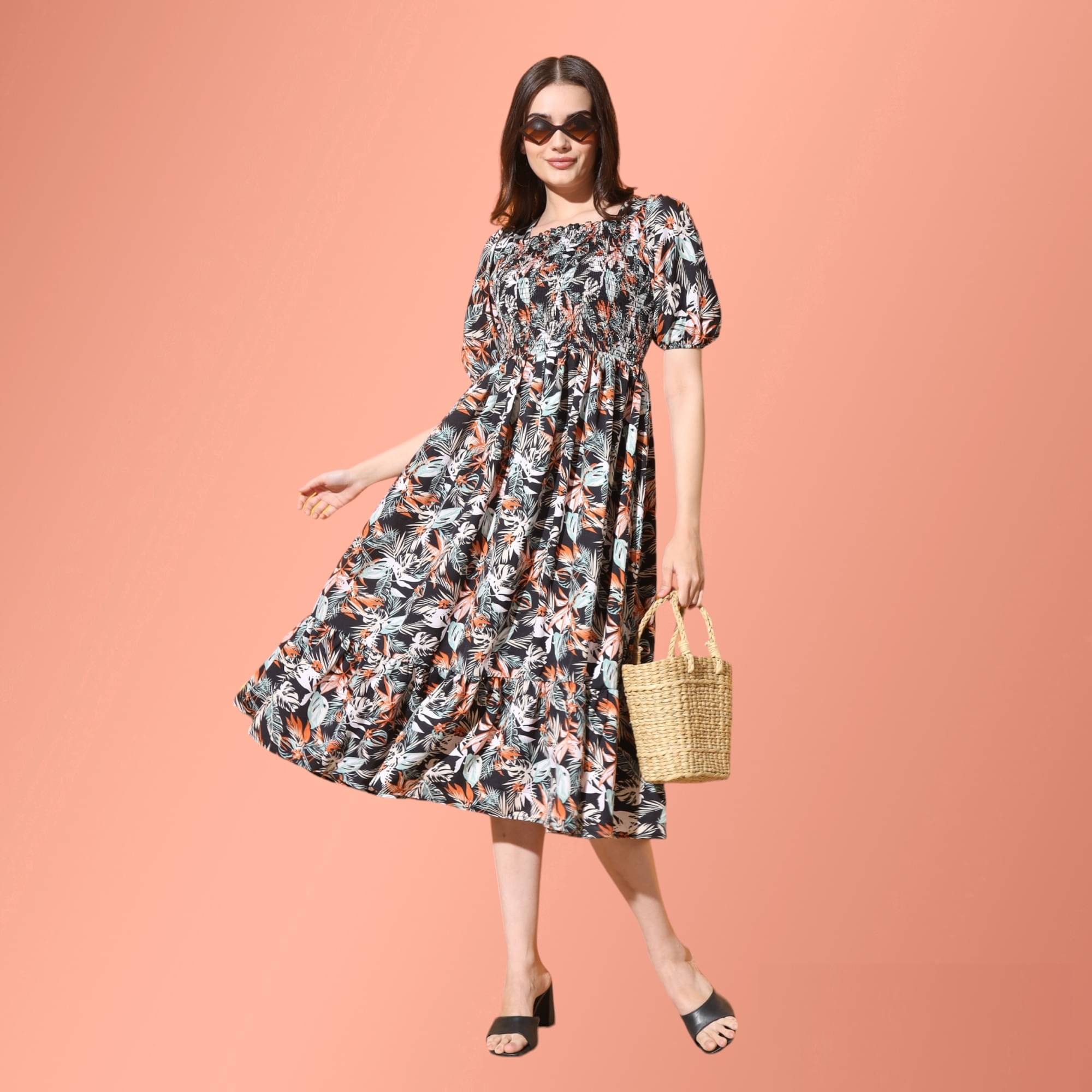 JASH CREATION Women Polyester Printed Fit & Flare Dress ( Black ) JASH CREATION Women Polyester Printed Fit & Flare Dress ( Black )