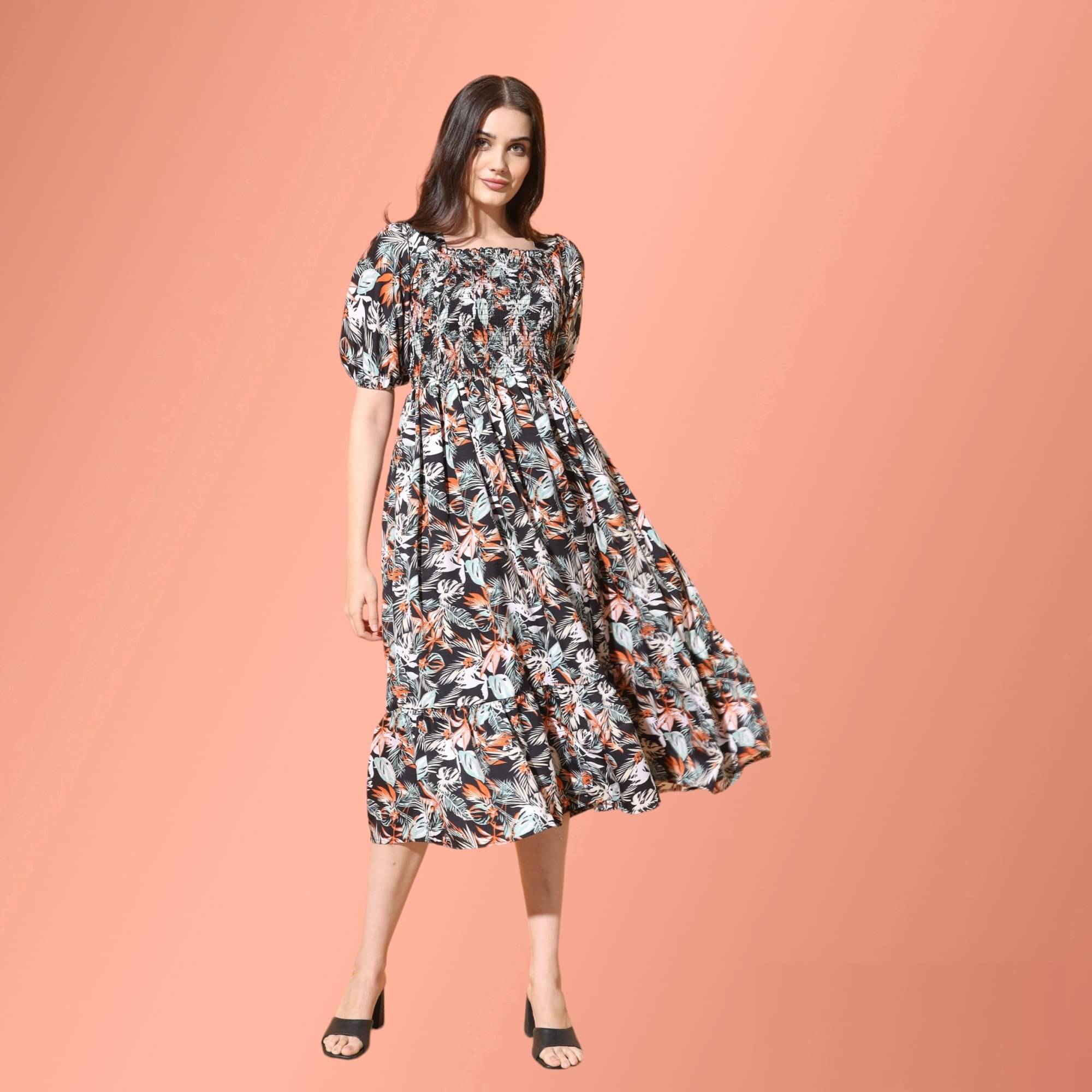 JASH CREATION Women Polyester Printed Fit & Flare Dress ( Black ) JASH CREATION Women Polyester Printed Fit & Flare Dress ( Black )