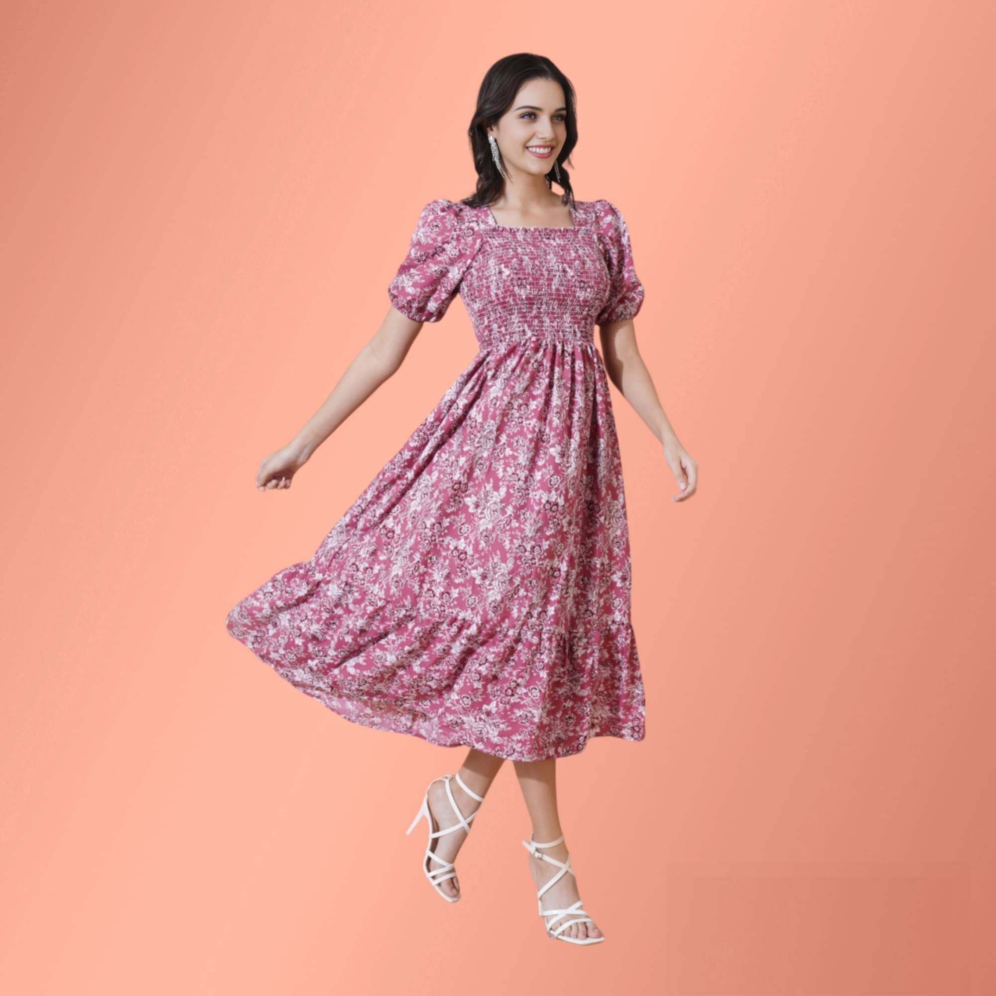     			JASH CREATION Polyester Printed Midi Women's Fit & Flare Dress - Pink ( Pack of 1 )
