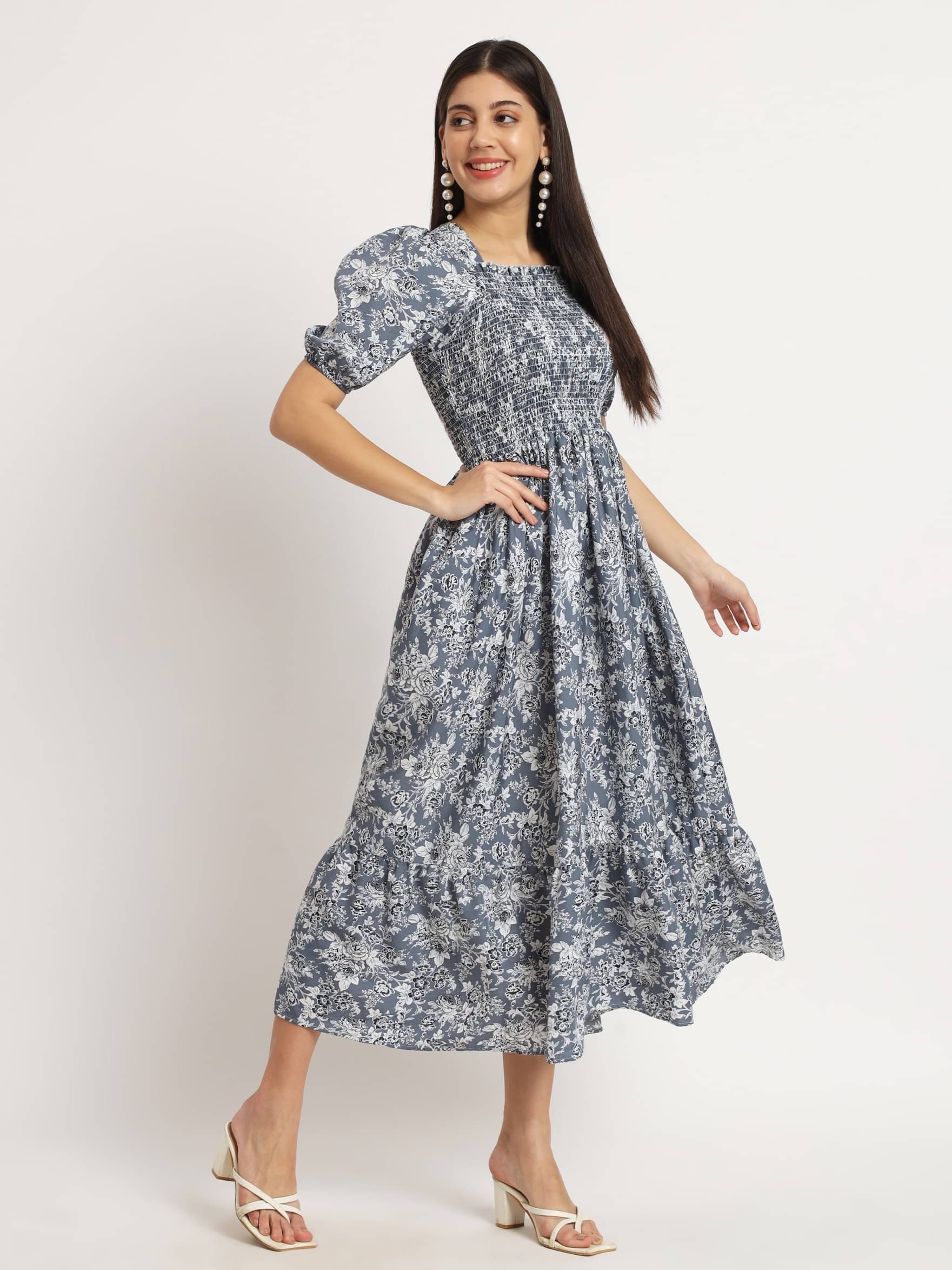 JASH CREATION Polyester Printed Midi Women's Fit & Flare Dress - Blue ( Pack of 1 ) JASH CREATION Polyester Printed Midi Women's Fit & Flare Dress - Blue ( Pack of 1 )