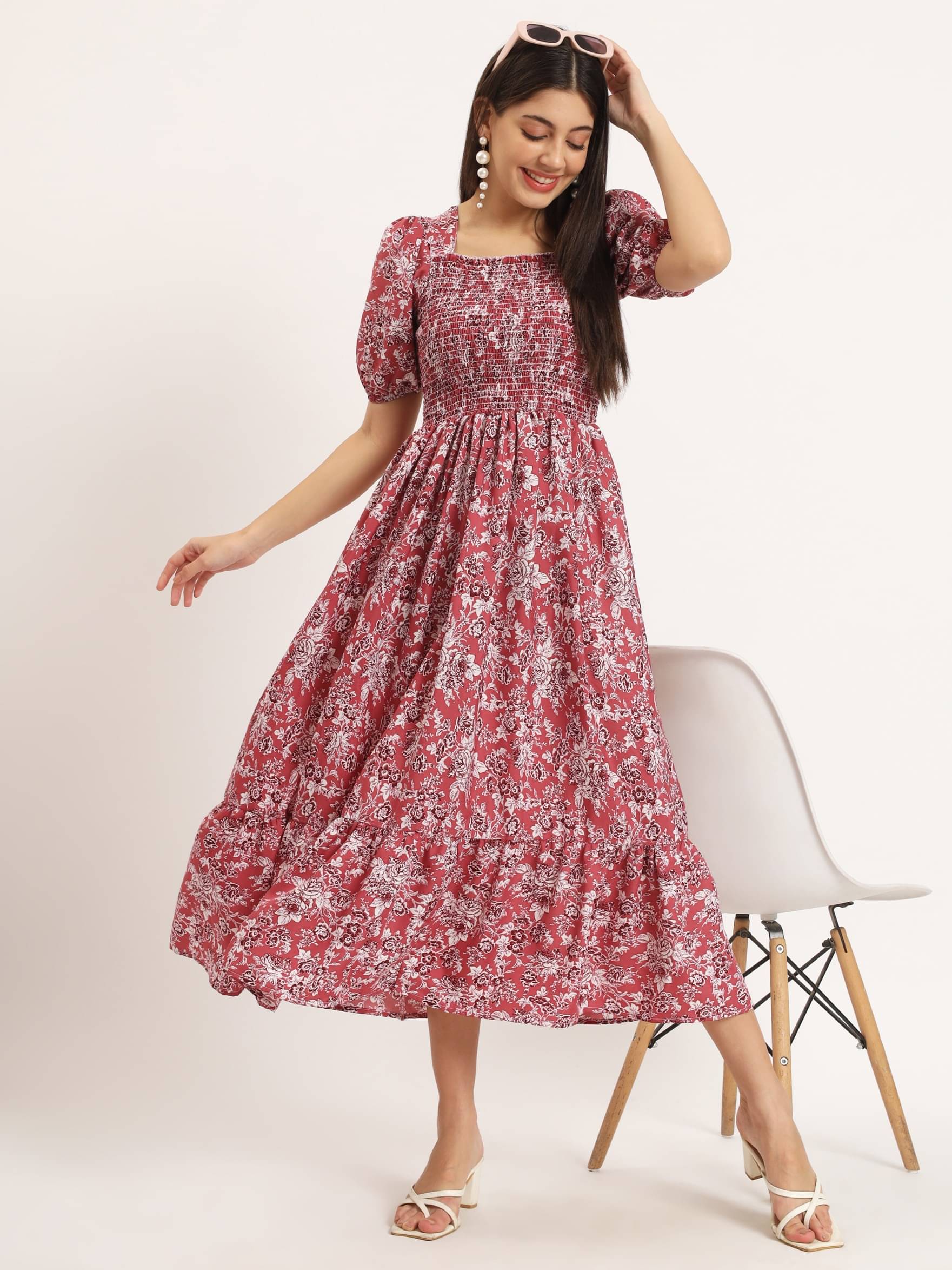 JASH CREATION Polyester Printed Midi Women's Fit & Flare Dress - Pink ( Pack of 1 ) JASH CREATION Polyester Printed Midi Women's Fit & Flare Dress - Pink ( Pack of 1 )
