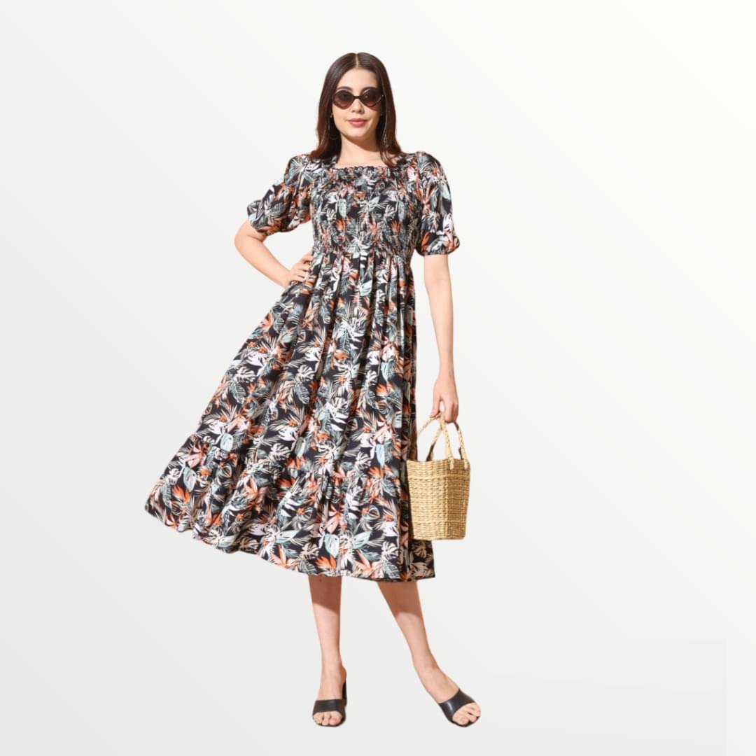 JASH CREATION Polyester Printed Midi Women's Fit & Flare Dress - Black ( Pack of 1 ) JASH CREATION Polyester Printed Midi Women's Fit & Flare Dress - Black ( Pack of 1 )