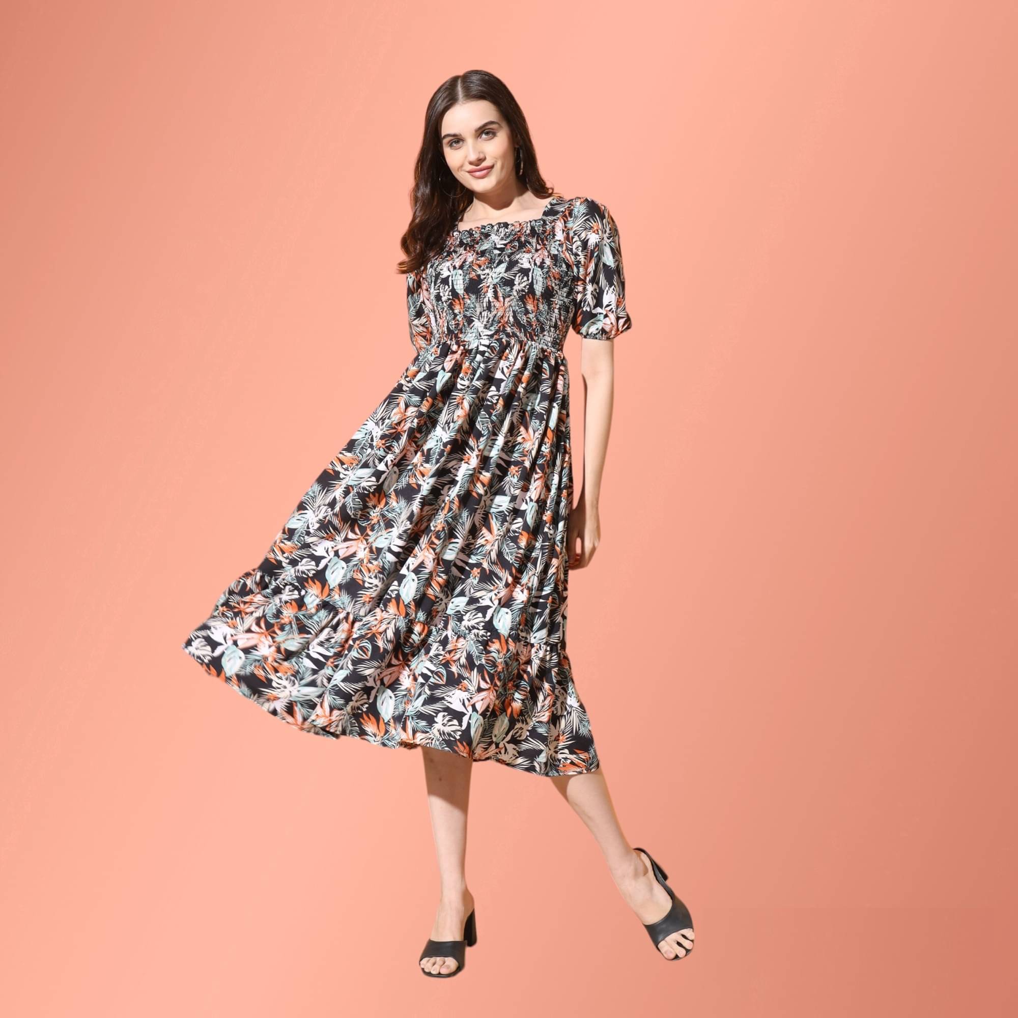     			JASH CREATION Women Polyester Printed Fit & Flare Dress ( Black )