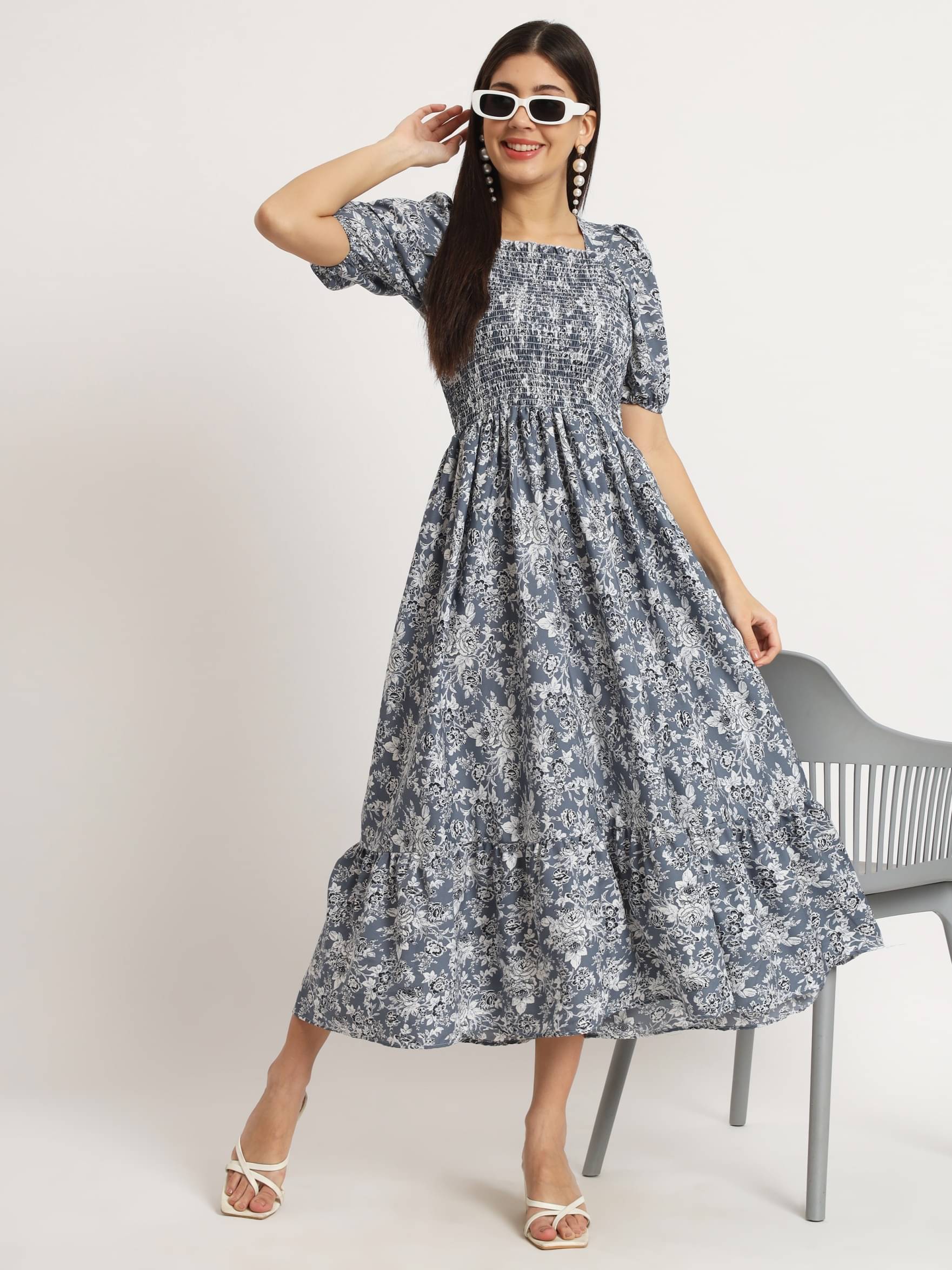JASH CREATION Polyester Printed Midi Women's Fit & Flare Dress - Blue ( Pack of 1 ) JASH CREATION Polyester Printed Midi Women's Fit & Flare Dress - Blue ( Pack of 1 )