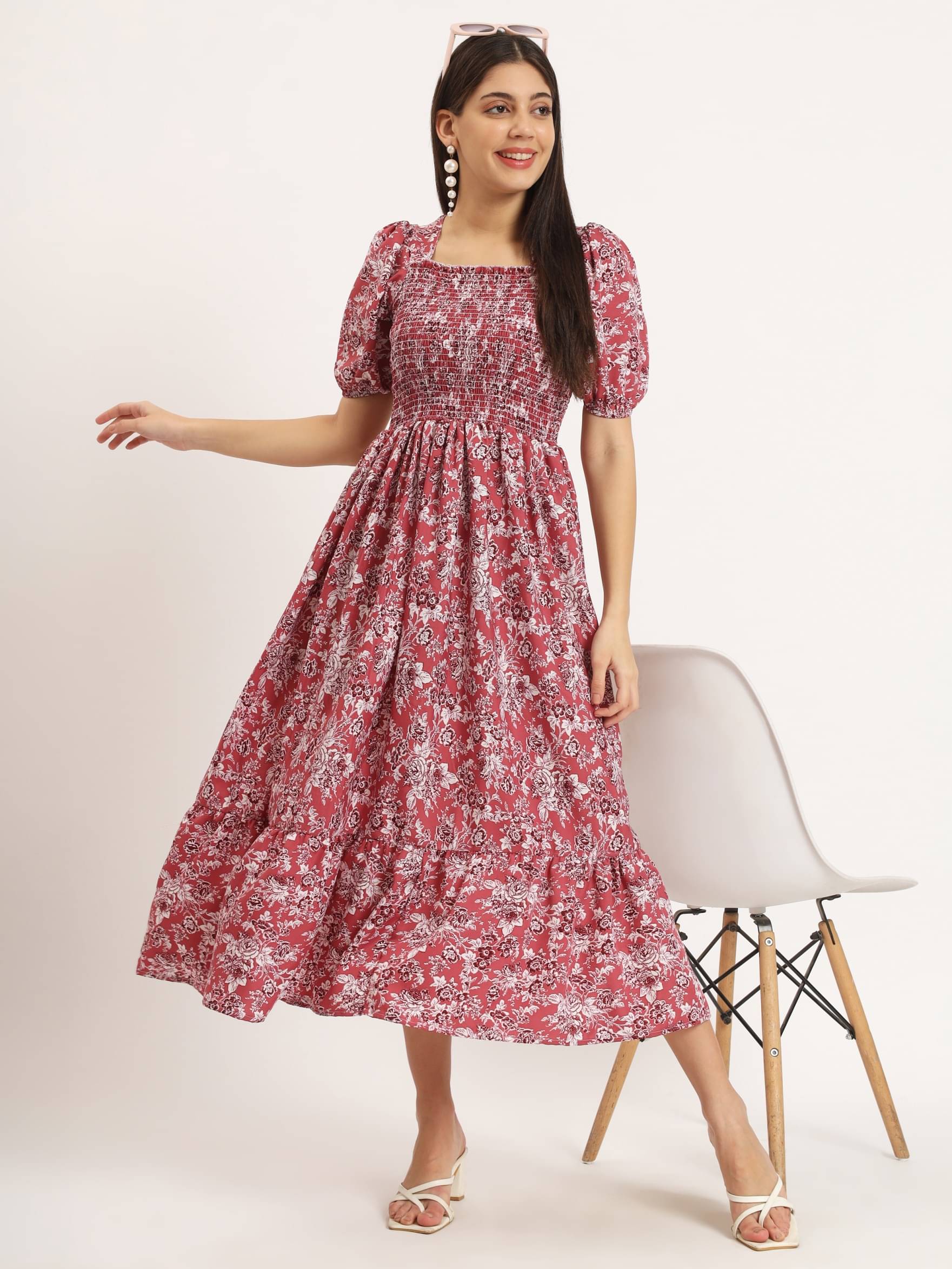 JASH CREATION Polyester Printed Midi Women's Fit & Flare Dress - Pink ( Pack of 1 ) JASH CREATION Polyester Printed Midi Women's Fit & Flare Dress - Pink ( Pack of 1 )