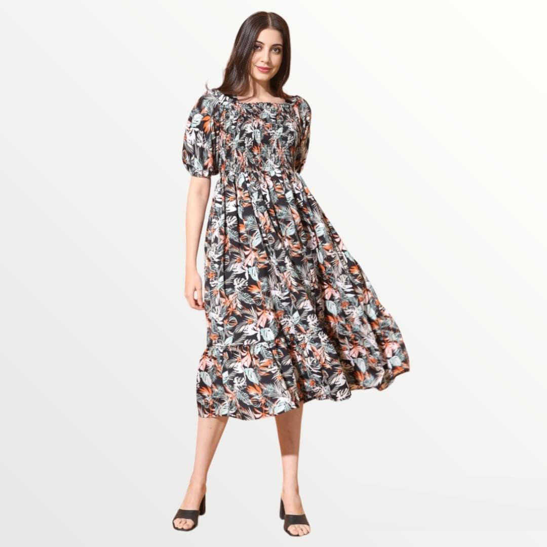 JASH CREATION Women Polyester Printed Fit & Flare Dress ( Black ) JASH CREATION Women Polyester Printed Fit & Flare Dress ( Black )