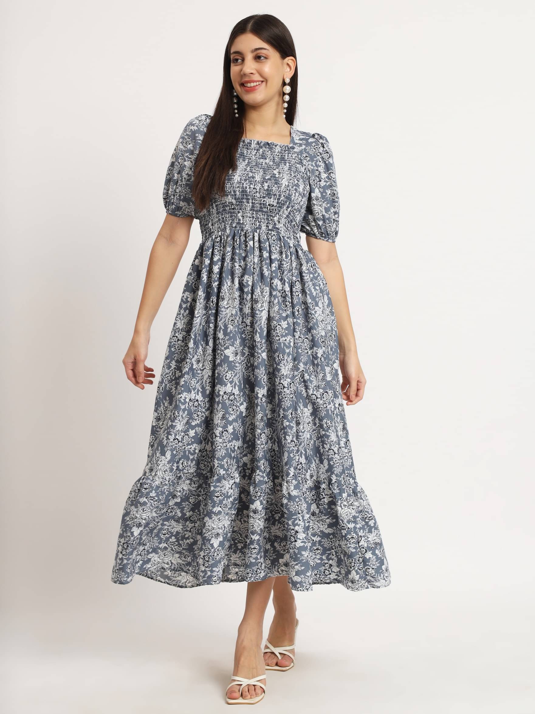 JASH CREATION Polyester Printed Midi Women's Fit & Flare Dress - Blue ( Pack of 1 ) JASH CREATION Polyester Printed Midi Women's Fit & Flare Dress - Blue ( Pack of 1 )