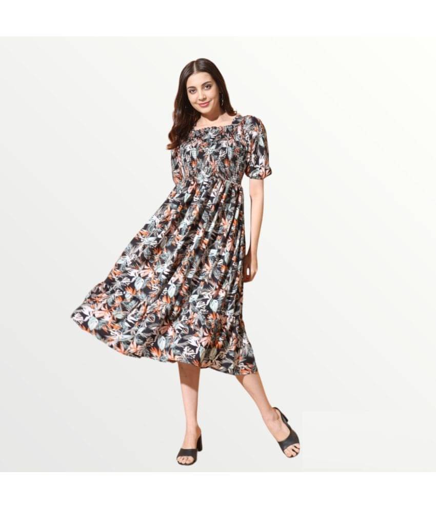 Krunal Raiyani Women Polyester Printed Fit & Flare Dress ( Black ) Krunal Raiyani Women Polyester Printed Fit & Flare Dress ( Black )