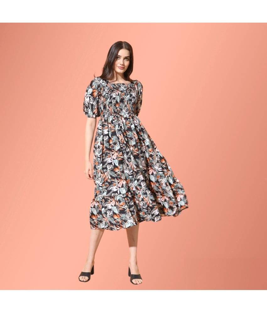 Krunal Raiyani Women Polyester Printed Fit & Flare Dress ( Black ) Krunal Raiyani Women Polyester Printed Fit & Flare Dress ( Black )